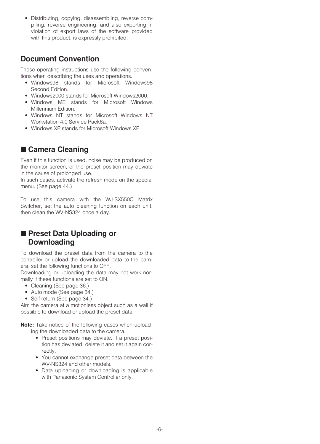 Panasonic WV-NS324 operating instructions Document Convention, Camera Cleaning, Preset Data Uploading or Downloading 