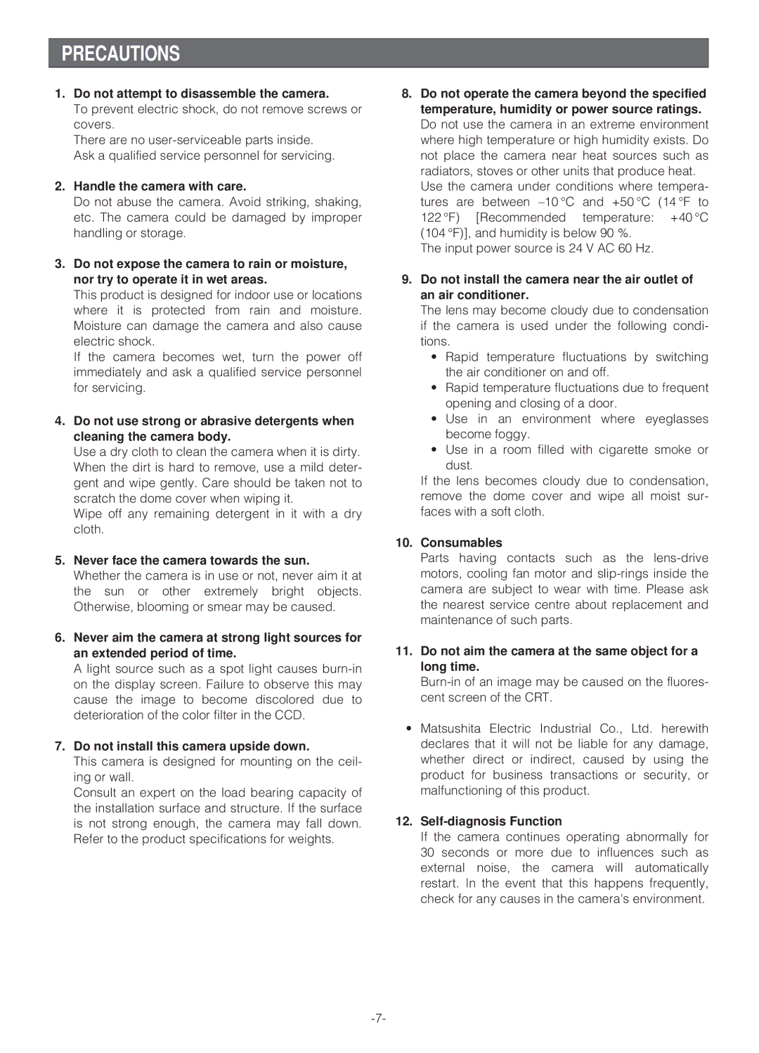 Panasonic WV-NS324 operating instructions Precautions 