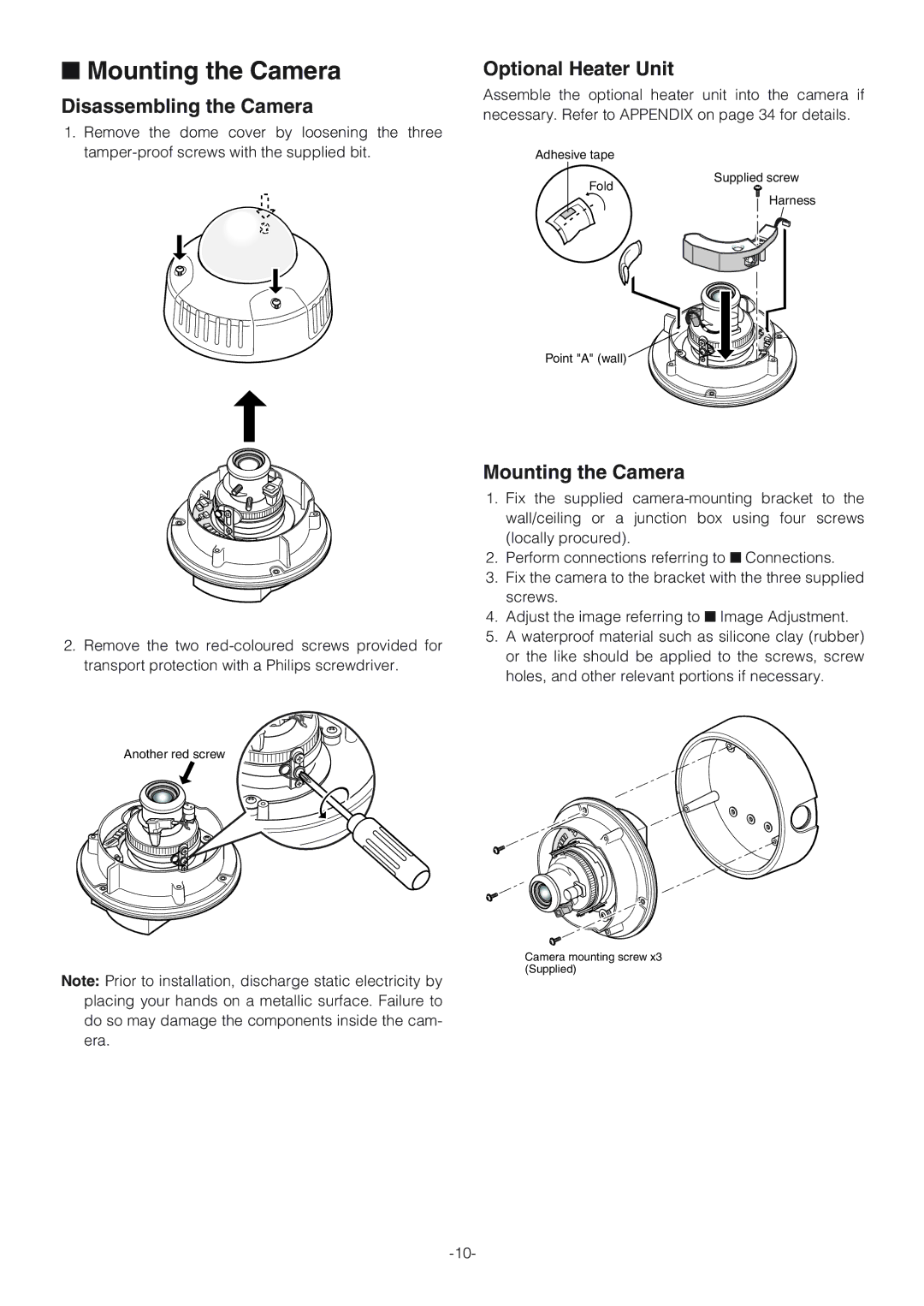 Panasonic WV-NW470S, WV-NW474SE operating instructions Mounting the Camera, Optional Heater Unit 