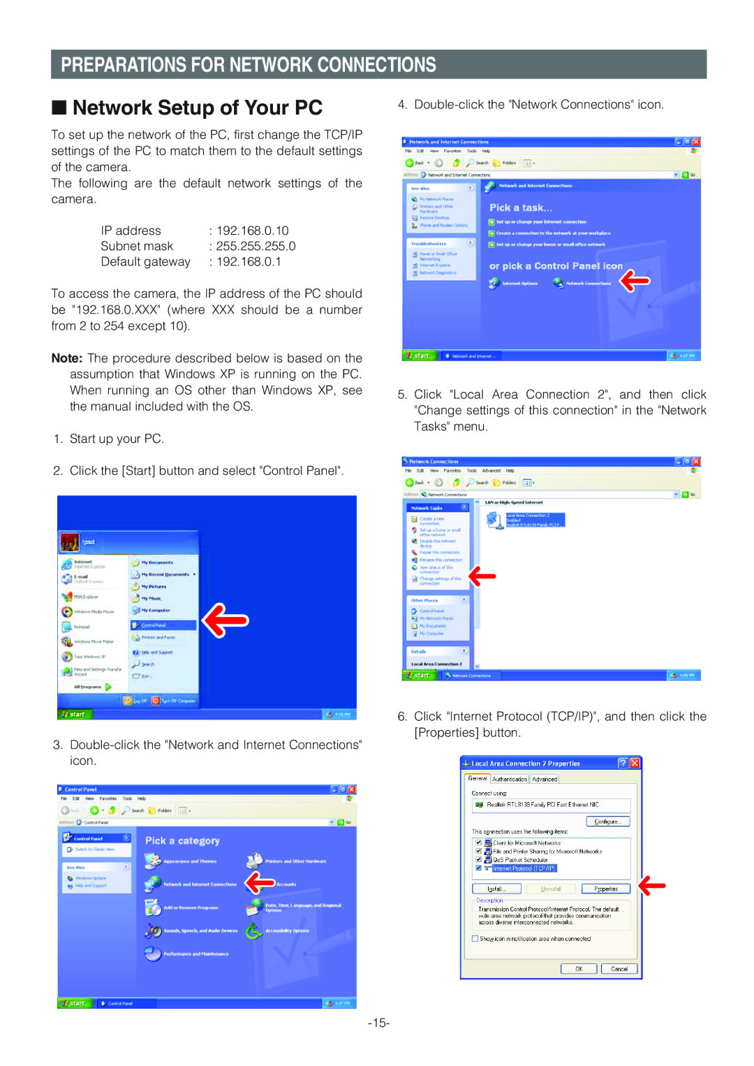 Panasonic WV-NW474SE, WV-NW470S operating instructions Preparations for Network Connections, Network Setup of Your PC 