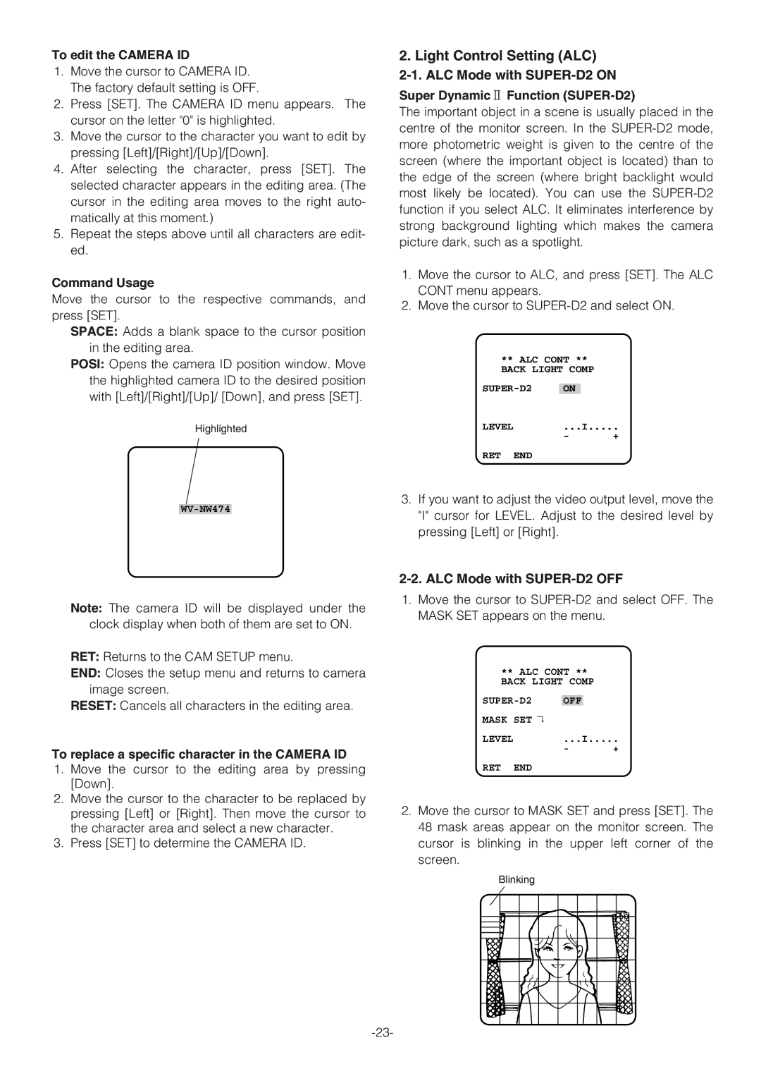 Panasonic WV-NW474SE Light Control Setting ALC, To edit the Camera ID, Command Usage, Super Dynamic2 Function SUPER-D2 