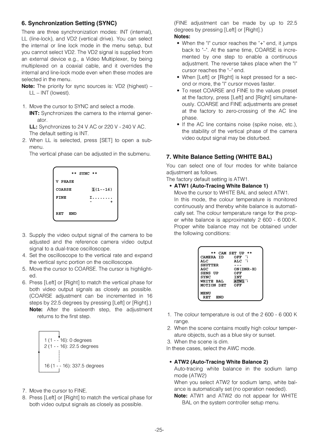 Panasonic WV-NW474SE Synchronization Setting Sync, White Balance Setting White BAL, ATW1 Auto-Tracing White Balance 