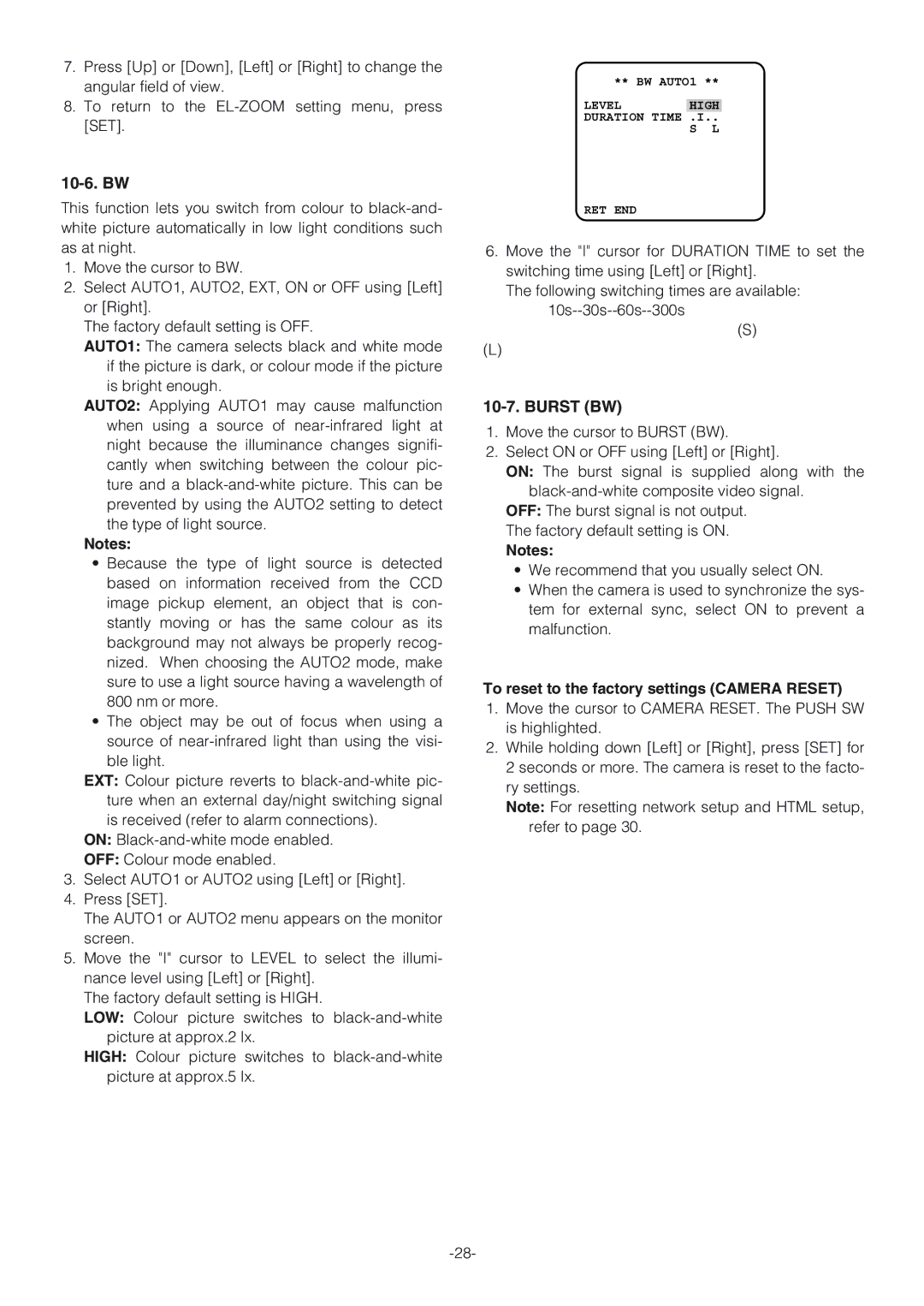 Panasonic WV-NW470S, WV-NW474SE operating instructions 10-6. BW, To reset to the factory settings Camera Reset 