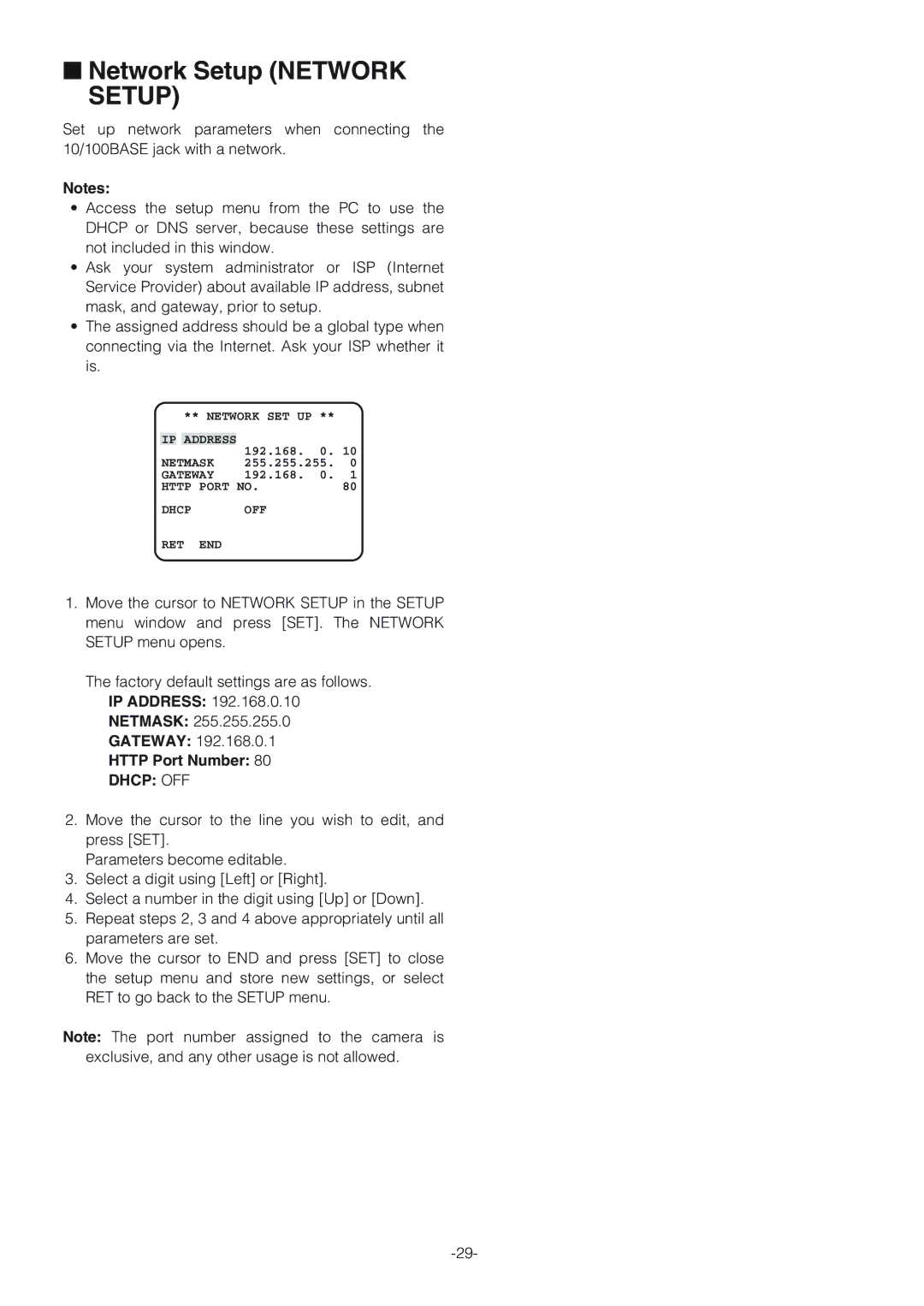 Panasonic WV-NW474SE, WV-NW470S operating instructions Network Setup Network Setup, Http Port Number 