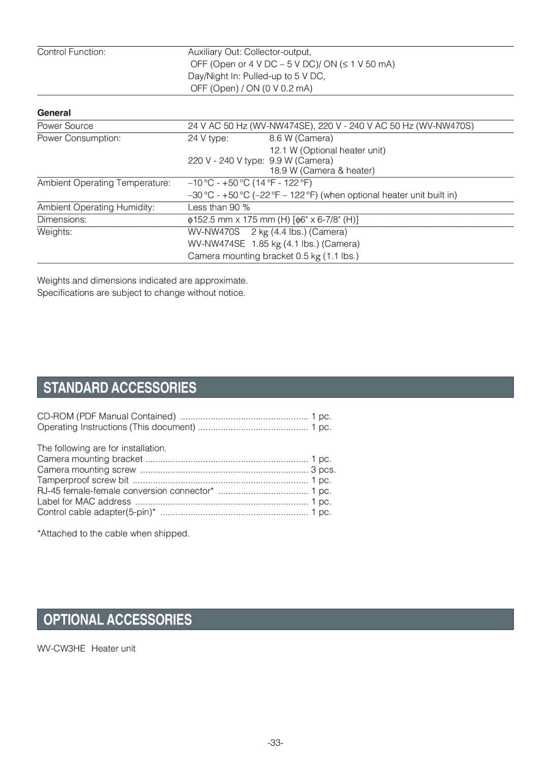 Panasonic WV-NW474SE, WV-NW470S operating instructions Standard Accessories, Optional Accessories, General 