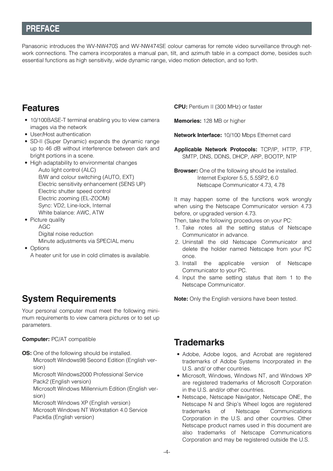 Panasonic WV-NW470S Preface, Features, System Requirements, Trademarks, Applicable Network Protocols TCP/IP, HTTP, FTP 