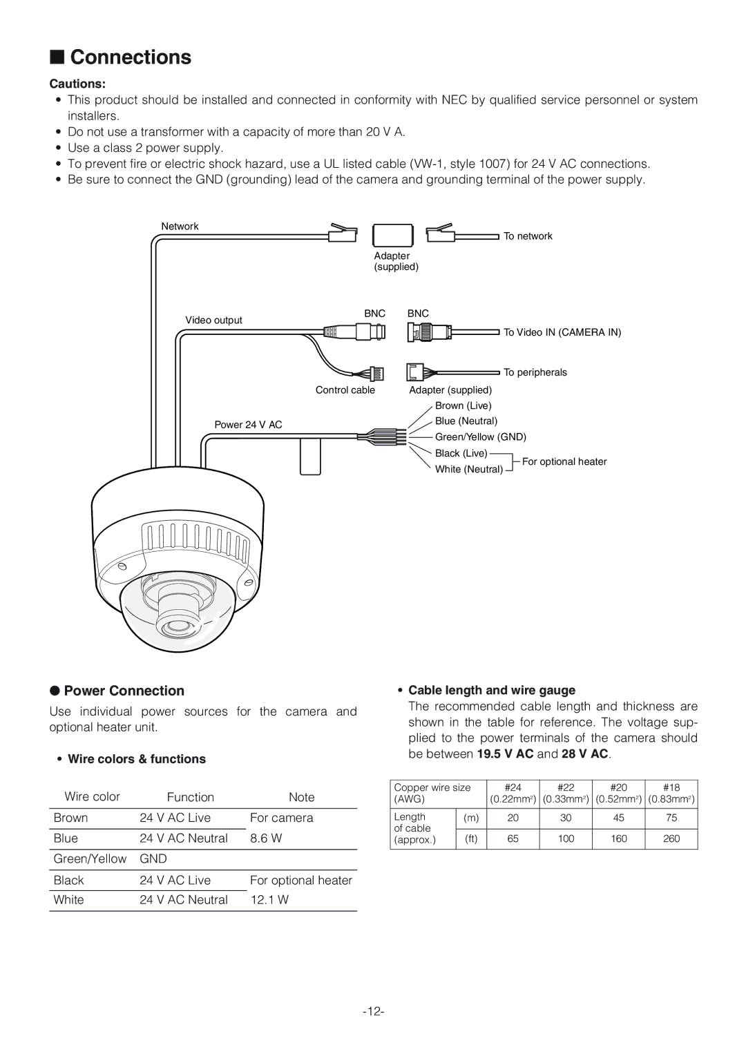 Panasonic WV-NW474S Connections, Power Connection, Wire colors & functions, Gnd, Cable length and wire gauge 