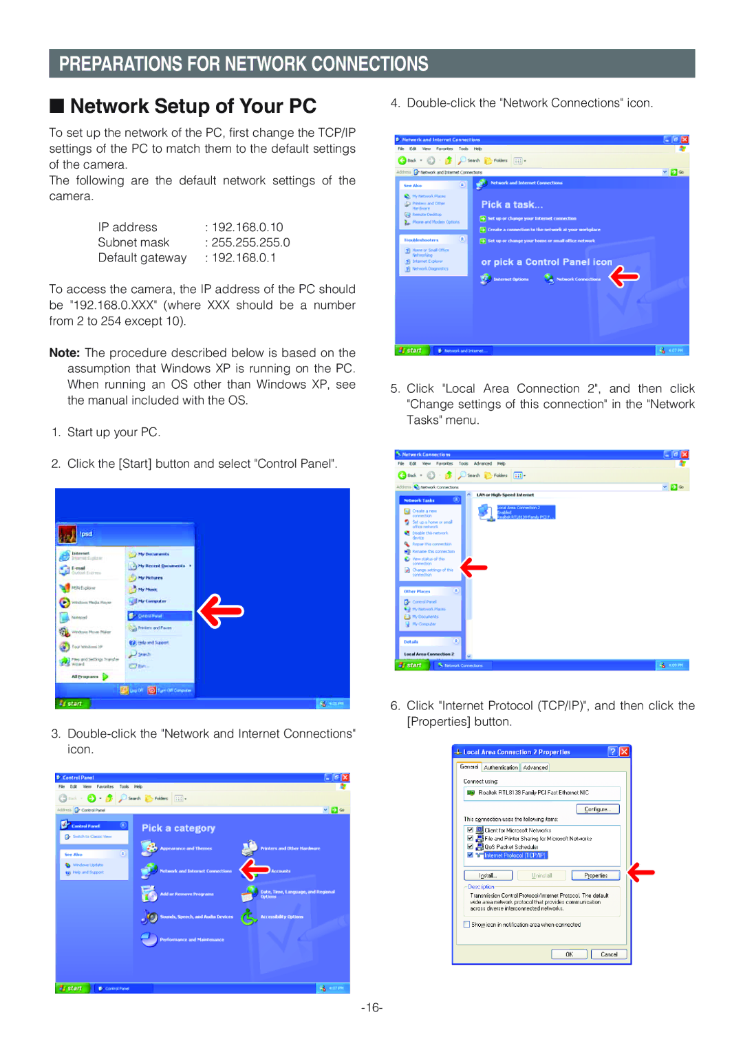 Panasonic WV-NW474S operating instructions Preparations for Network Connections, Network Setup of Your PC 