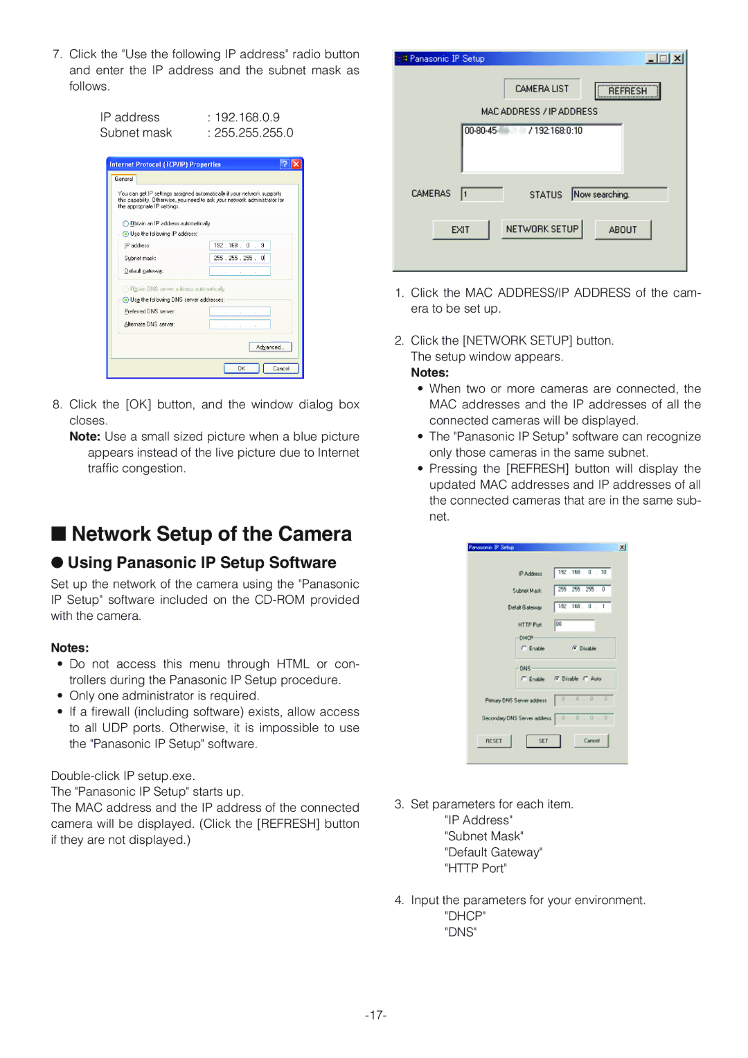 Panasonic WV-NW474S operating instructions Network Setup of the Camera, Using Panasonic IP Setup Software, Dns 