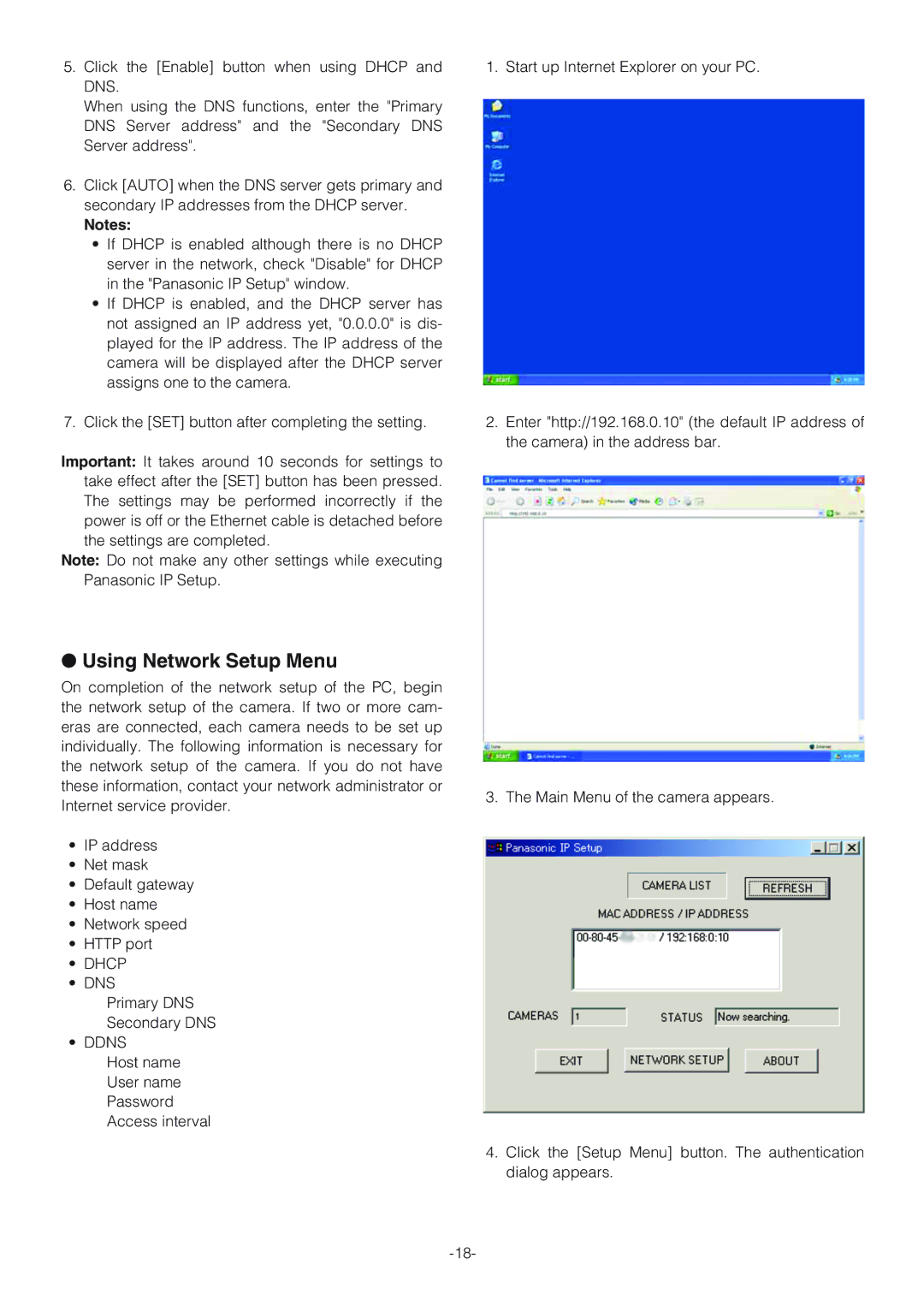 Panasonic WV-NW474S operating instructions Using Network Setup Menu, Dhcp DNS, Ddns 