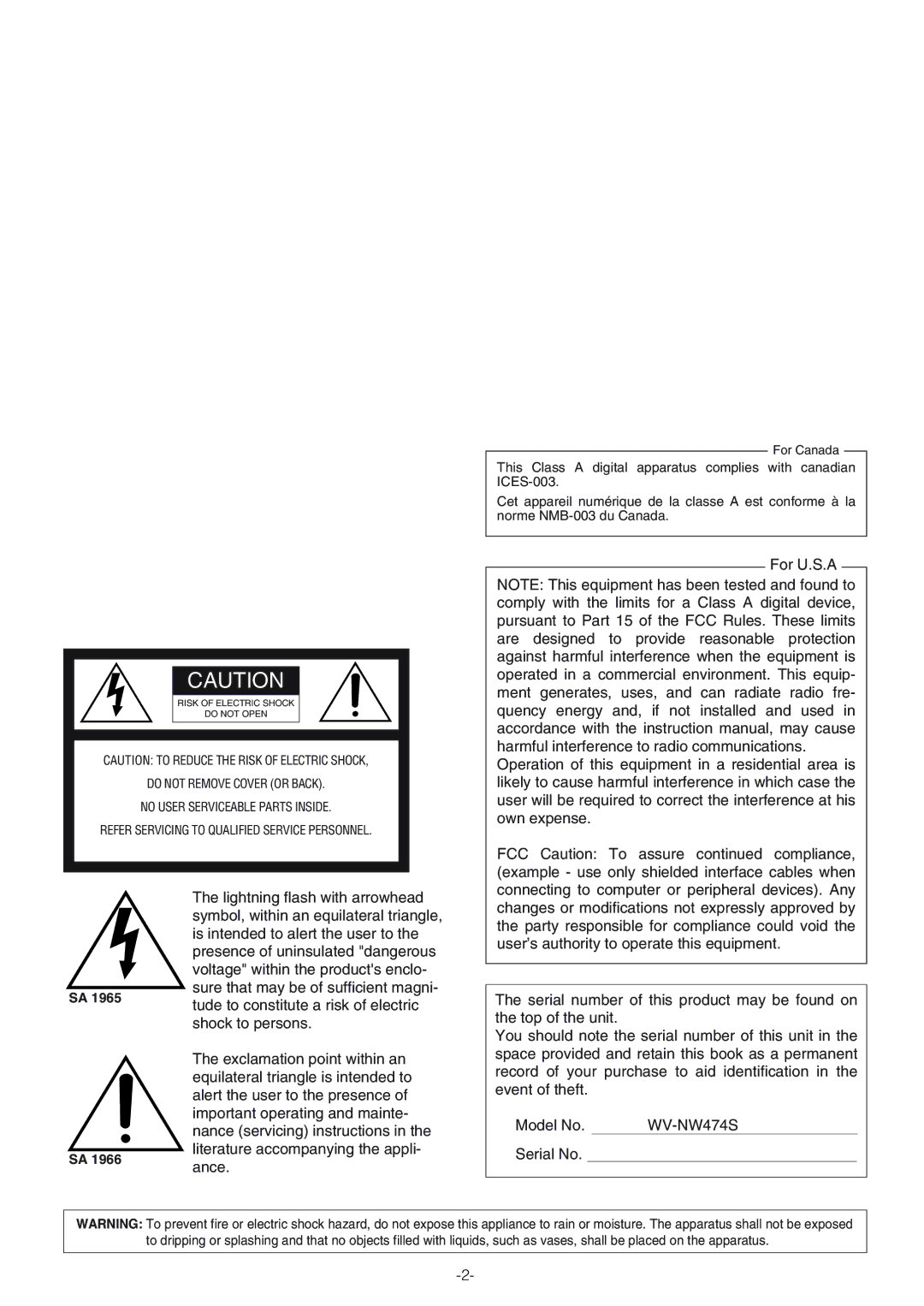 Panasonic WV-NW474S operating instructions For Canada 