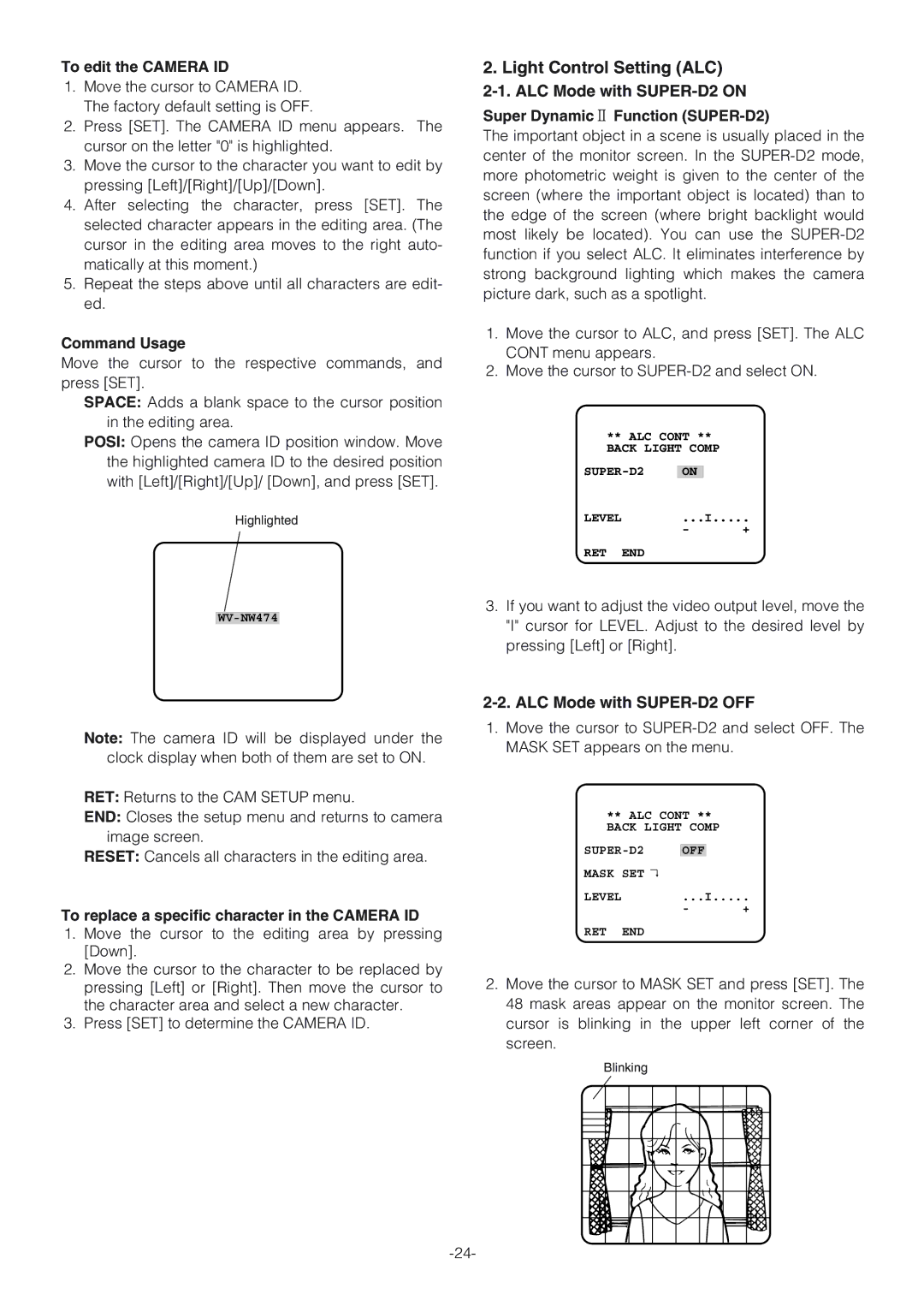 Panasonic WV-NW474S Light Control Setting ALC, To edit the Camera ID, Command Usage, Super Dynamic2 Function SUPER-D2 