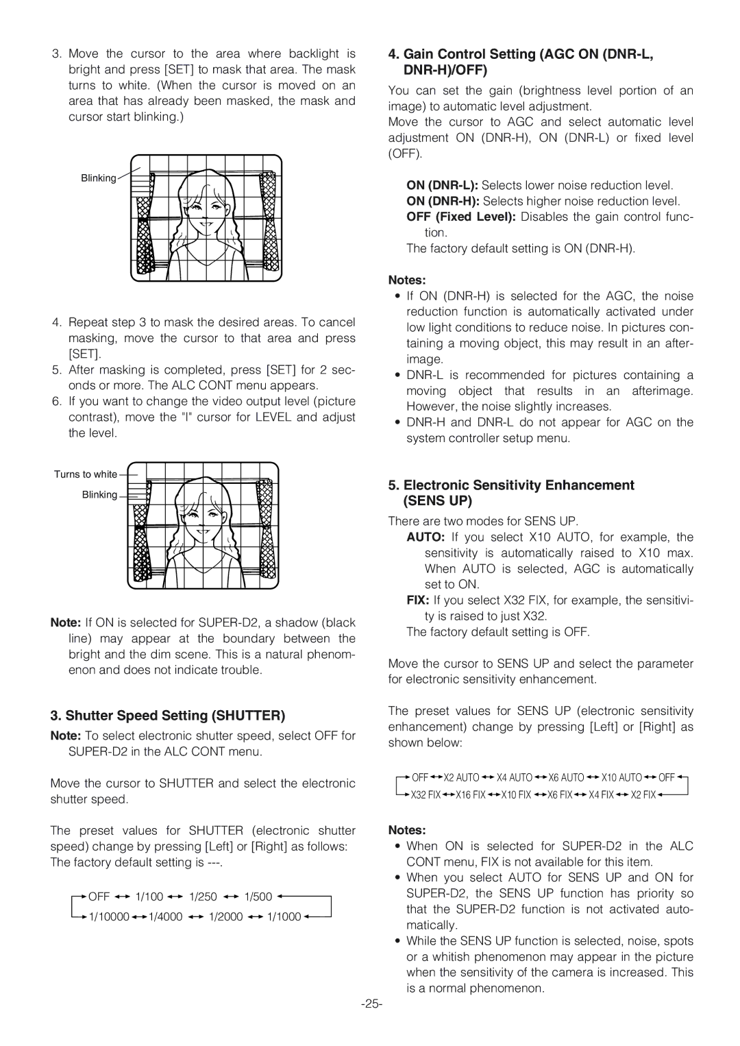 Panasonic WV-NW474S Gain Control Setting AGC on DNR-L, DNR-H/OFF, Electronic Sensitivity Enhancement Sens UP 