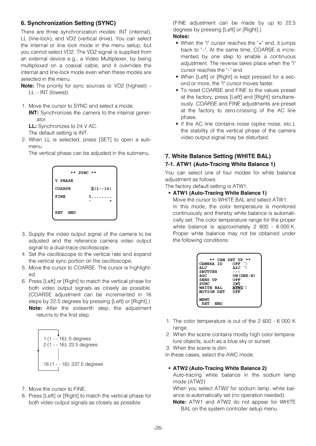 Panasonic WV-NW474S Synchronization Setting Sync, White Balance Setting White BAL, ATW1 Auto-Tracing White Balance 