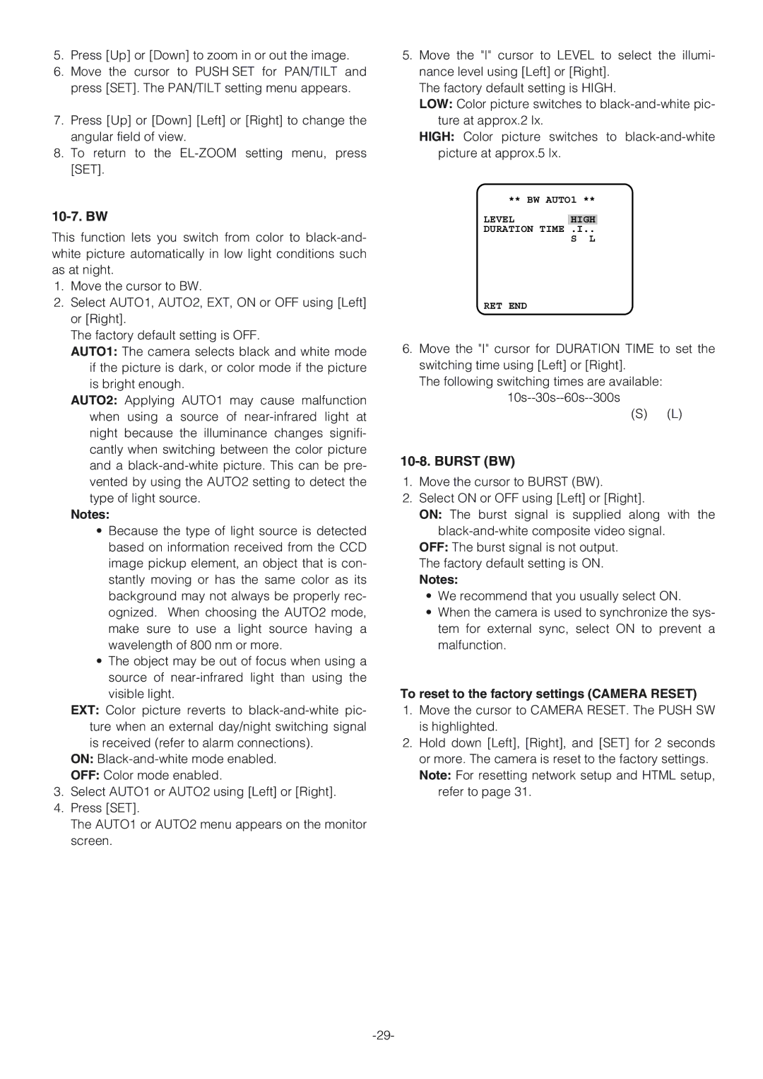 Panasonic WV-NW474S operating instructions 10-7. BW, To reset to the factory settings Camera Reset 