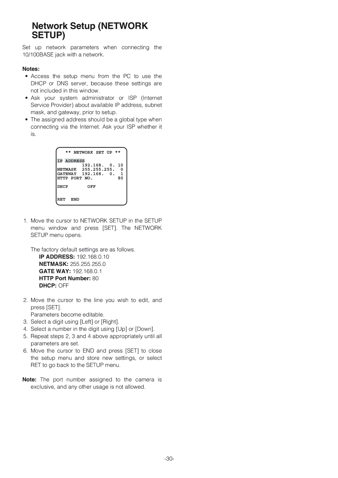 Panasonic WV-NW474S operating instructions Network Setup Network Setup, Http Port Number 