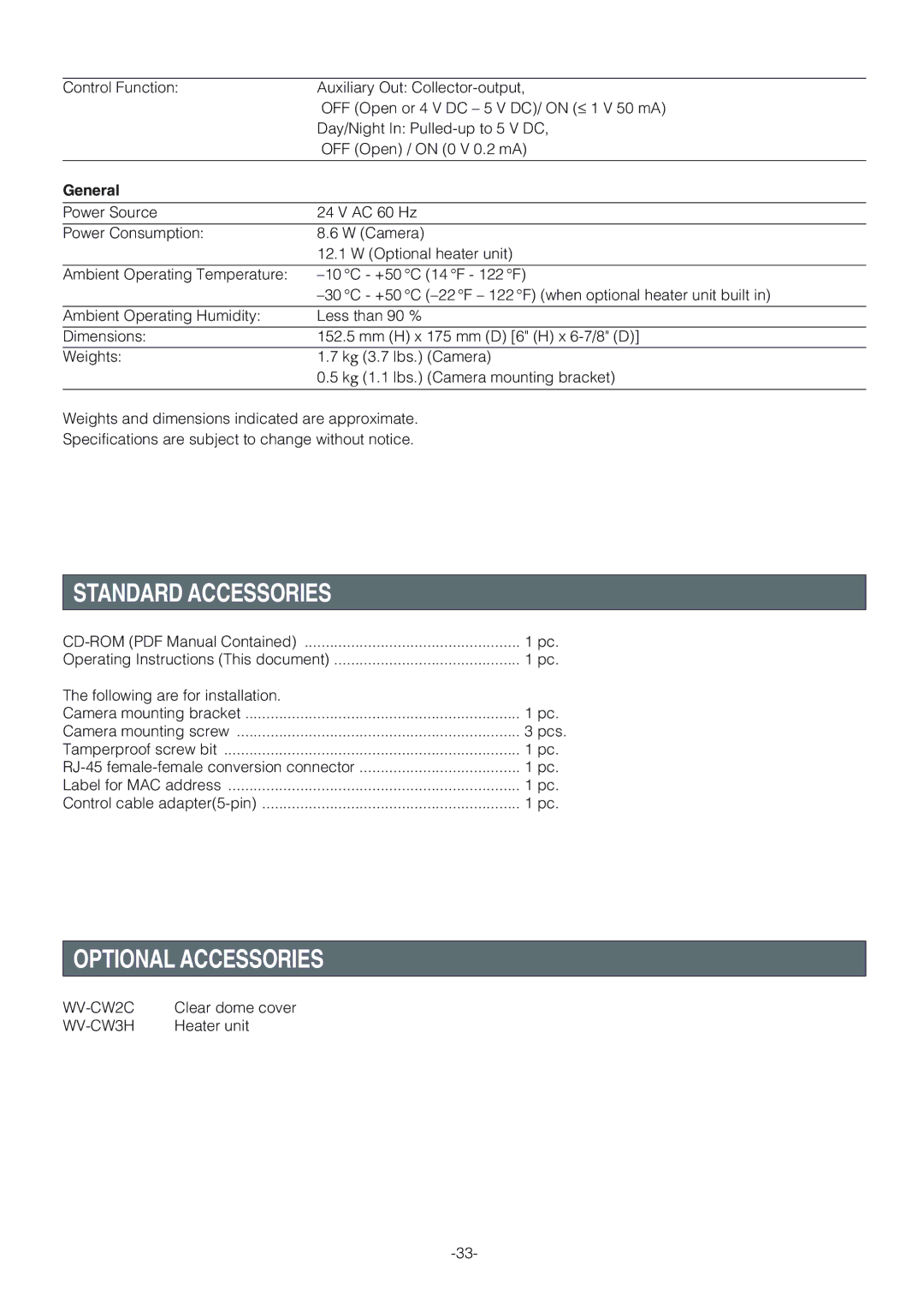 Panasonic WV-NW474S operating instructions Standard Accessories, Optional Accessories, General, WV-CW2C, WV-CW3H 