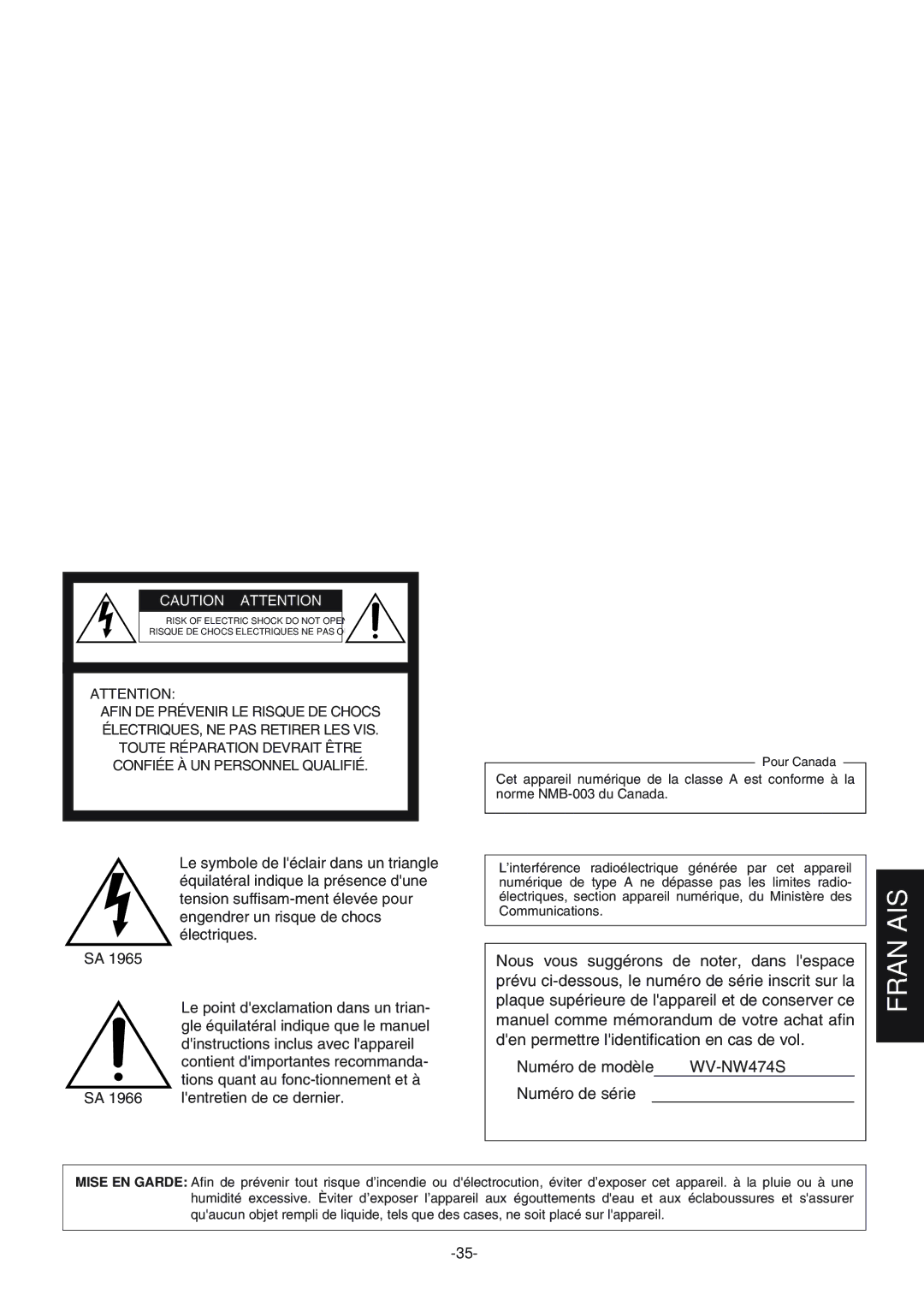 Panasonic WV-NW474S operating instructions 