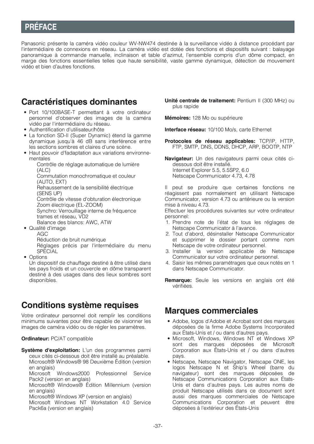 Panasonic WV-NW474S Préface, Caractéristiques dominantes, Conditions système requises, Marques commerciales, Special 