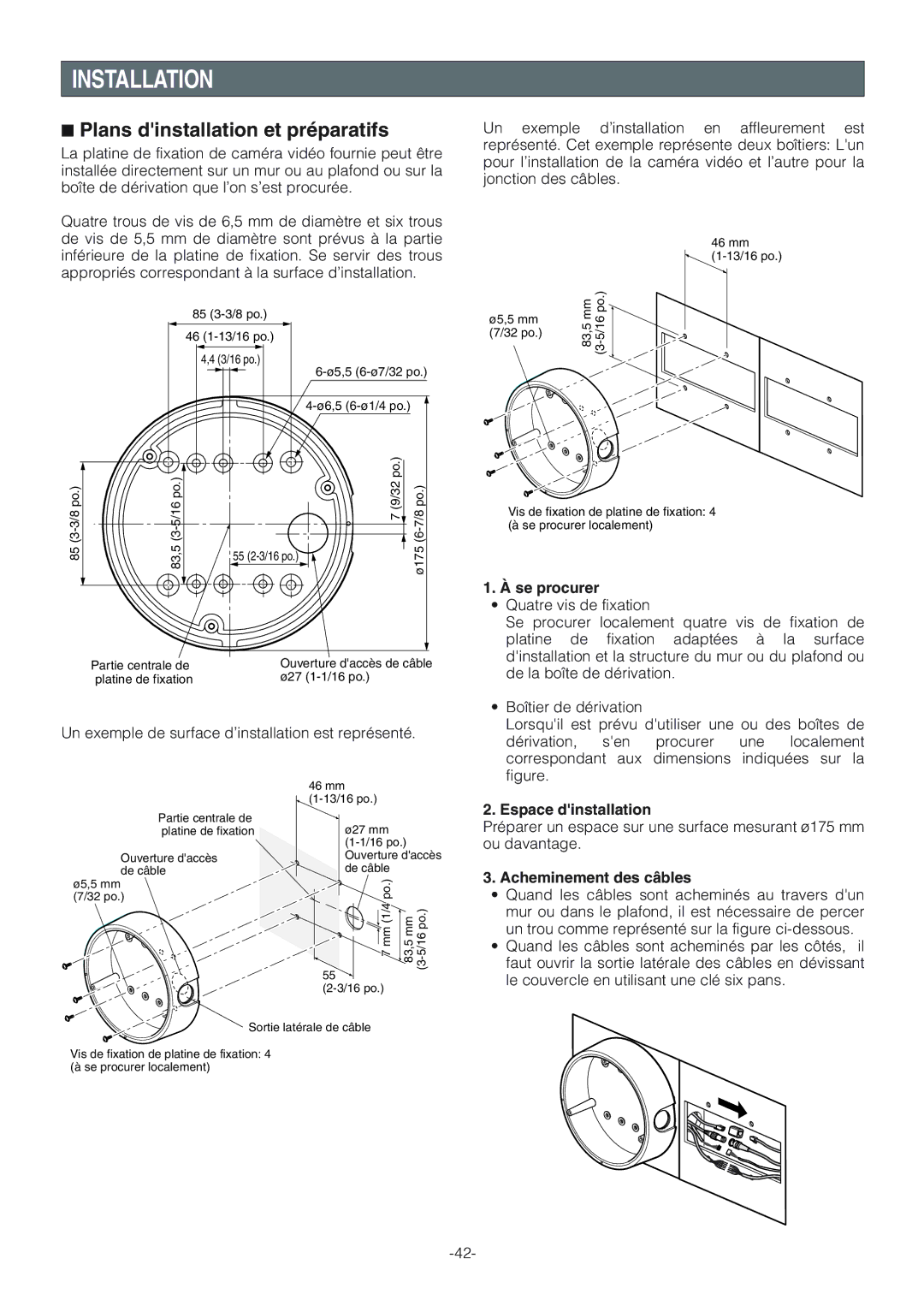 Panasonic WV-NW474S Plans dinstallation et préparatifs, Se procurer, Espace dinstallation, Acheminement des câbles 