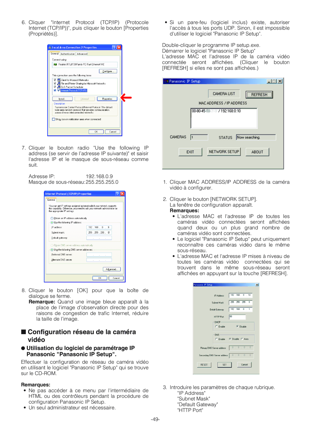 Panasonic WV-NW474S operating instructions Configuration réseau de la caméra vidéo 