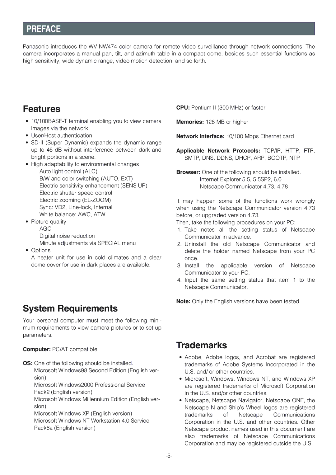 Panasonic WV-NW474S Preface, Features, System Requirements, Trademarks, Applicable Network Protocols TCP/IP, HTTP, FTP 