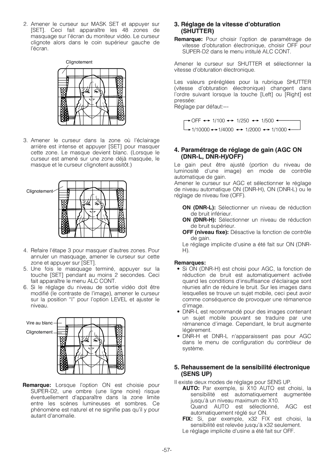 Panasonic WV-NW474S Réglage de la vitesse d’obturation Shutter, Paramétrage de réglage de gain AGC on DNR-L, DNR-H/OFF 