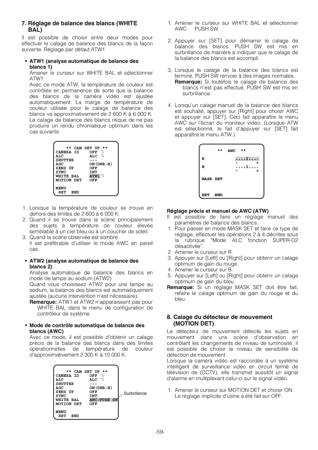 Panasonic WV-NW474S operating instructions Réglage de balance des blancs White BAL, Calage du détecteur de mouvement 