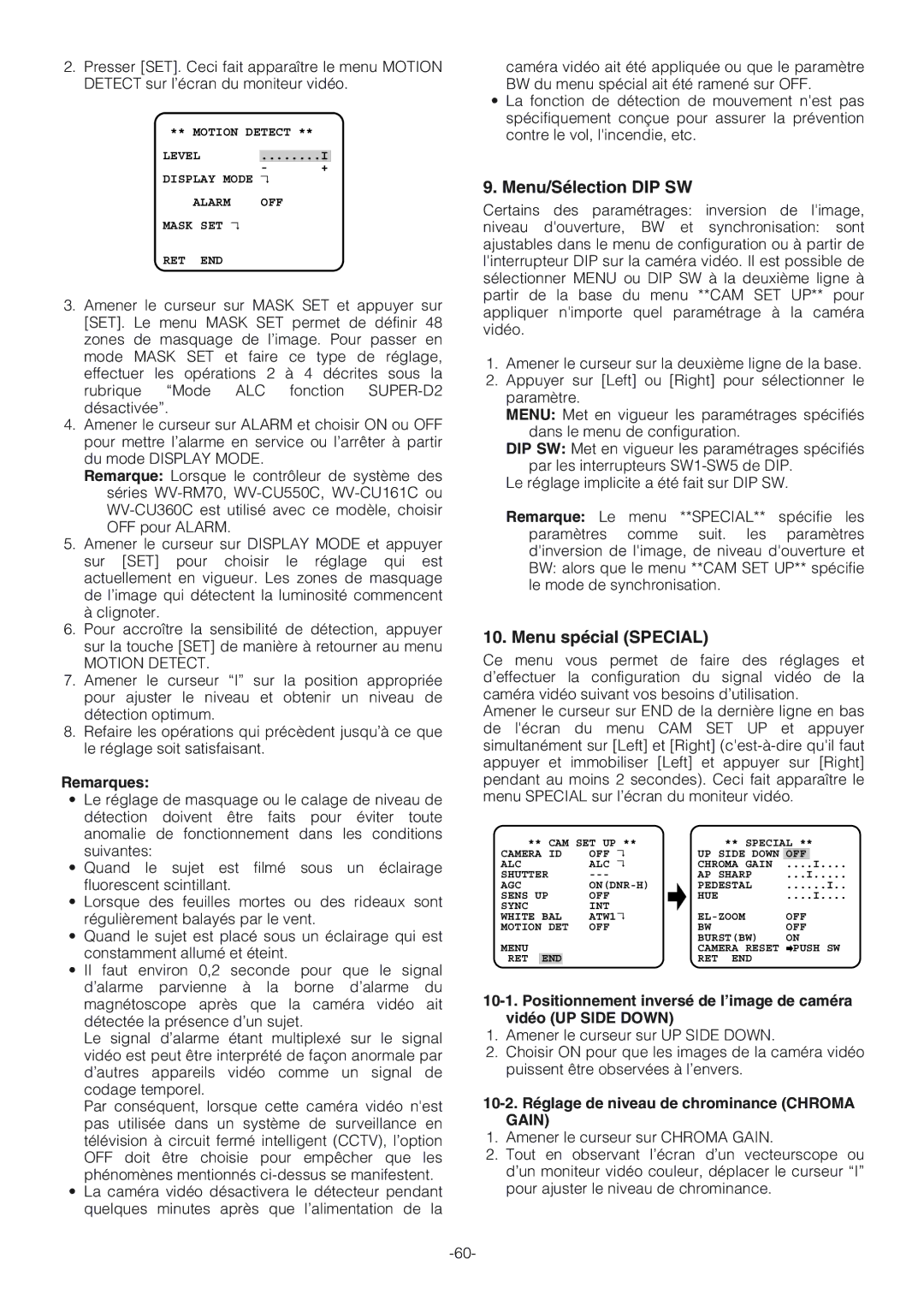 Panasonic WV-NW474S operating instructions Menu/Sélection DIP SW, Menu spécial Special, Motion Detect 