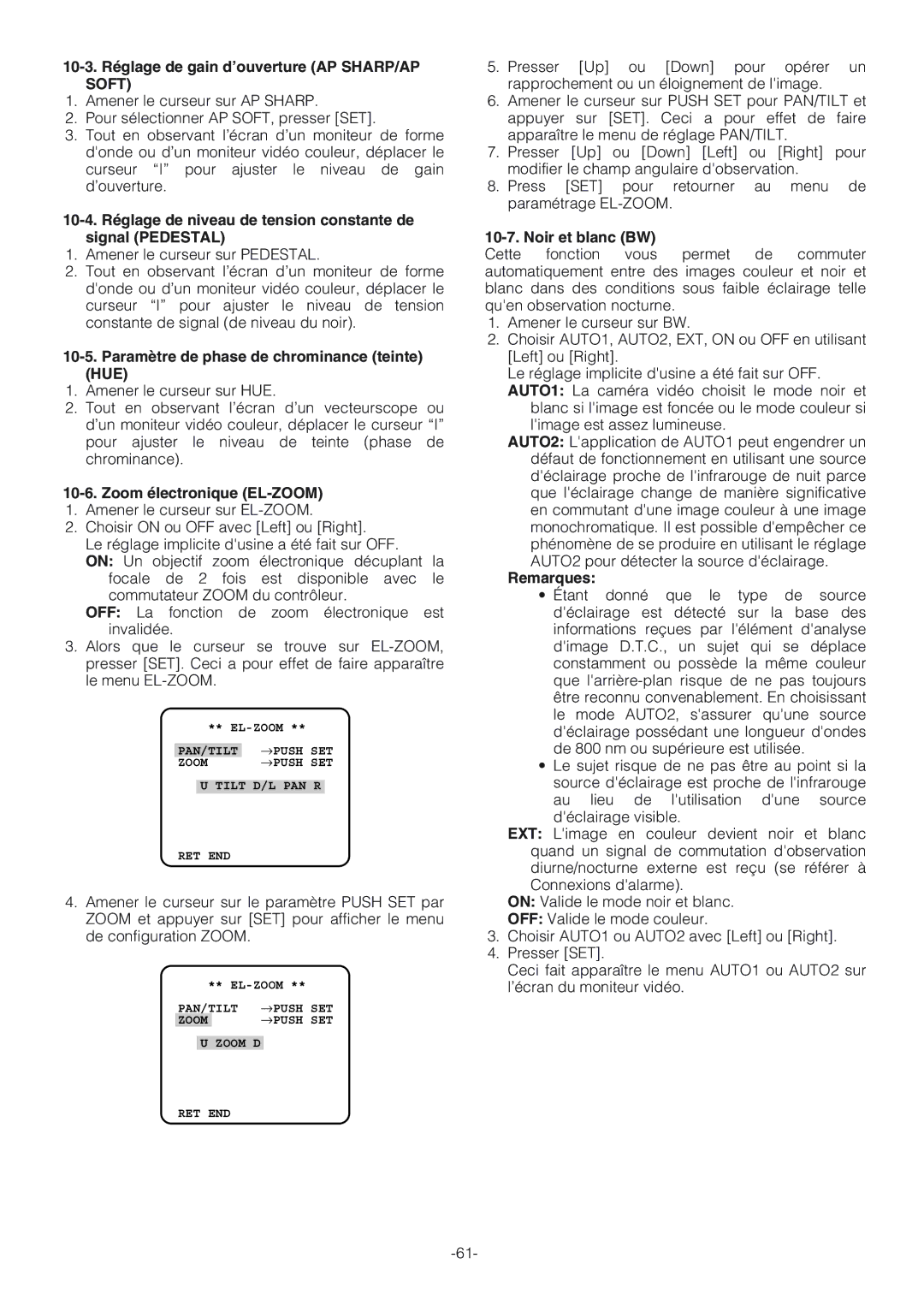 Panasonic WV-NW474S 10-3. Réglage de gain d’ouverture AP SHARP/AP Soft, Paramètre de phase de chrominance teinte HUE 