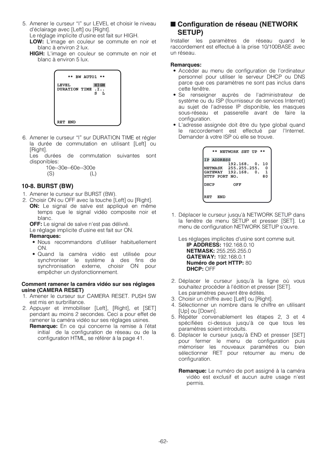 Panasonic WV-NW474S operating instructions Configuration de réseau Network, Burst BW, Numéro de port Http 