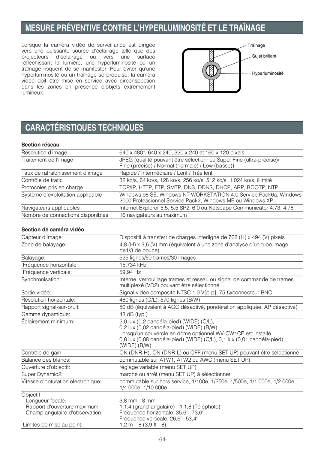 Panasonic WV-NW474S operating instructions Caractéristiques Techniques, Section réseau, Section de caméra vidéo 