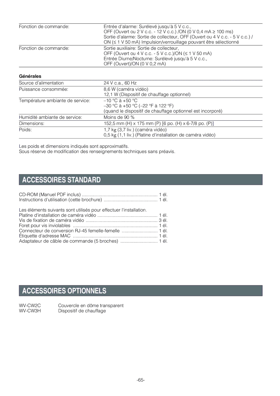 Panasonic WV-NW474S operating instructions Accessoires Standard, Accessoires Optionnels, Générales 