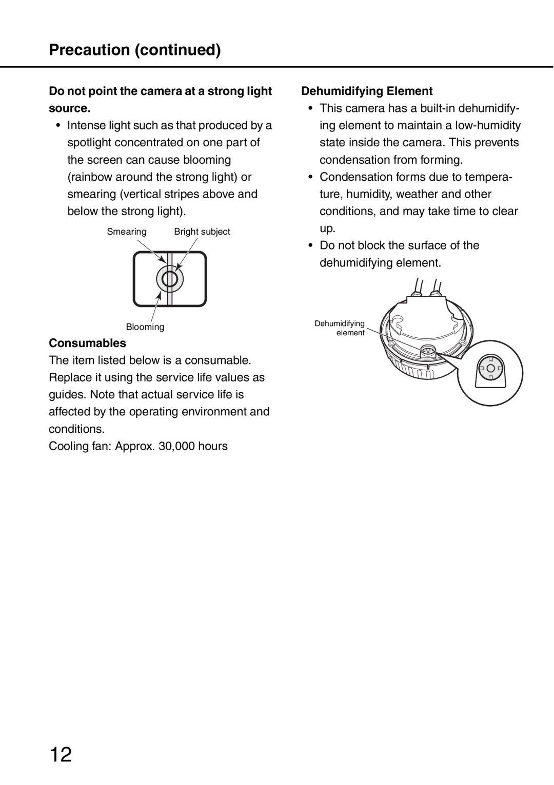 Panasonic WV-NW484S Precaution, Do not point the camera at a strong light Source, Consumables, Dehumidifying Element 