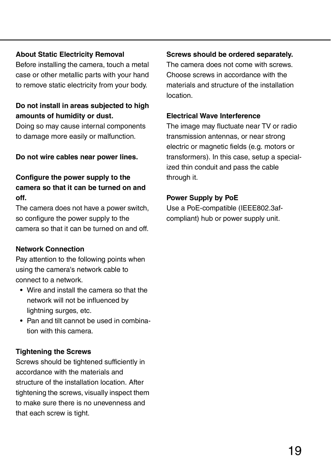 Panasonic WV-NW484S About Static Electricity Removal, Network Connection, Tightening the Screws, Power Supply by PoE 