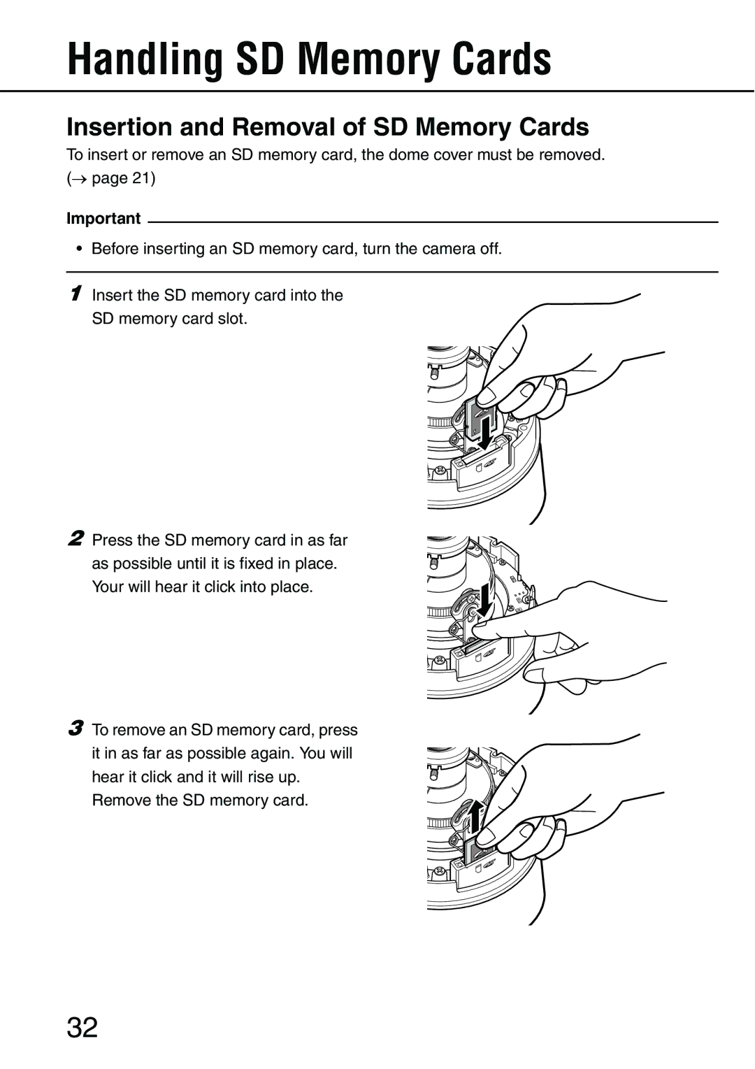 Panasonic WV-NW484S operating instructions Handling SD Memory Cards, Insertion and Removal of SD Memory Cards 