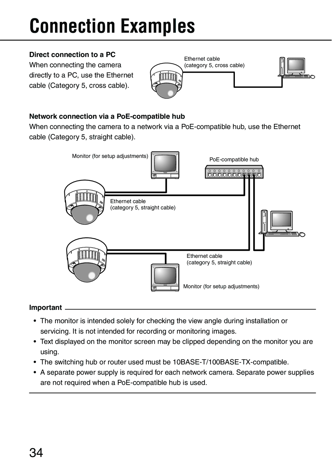 Panasonic WV-NW484S Connection Examples, Direct connection to a PC, Network connection via a PoE-compatible hub 