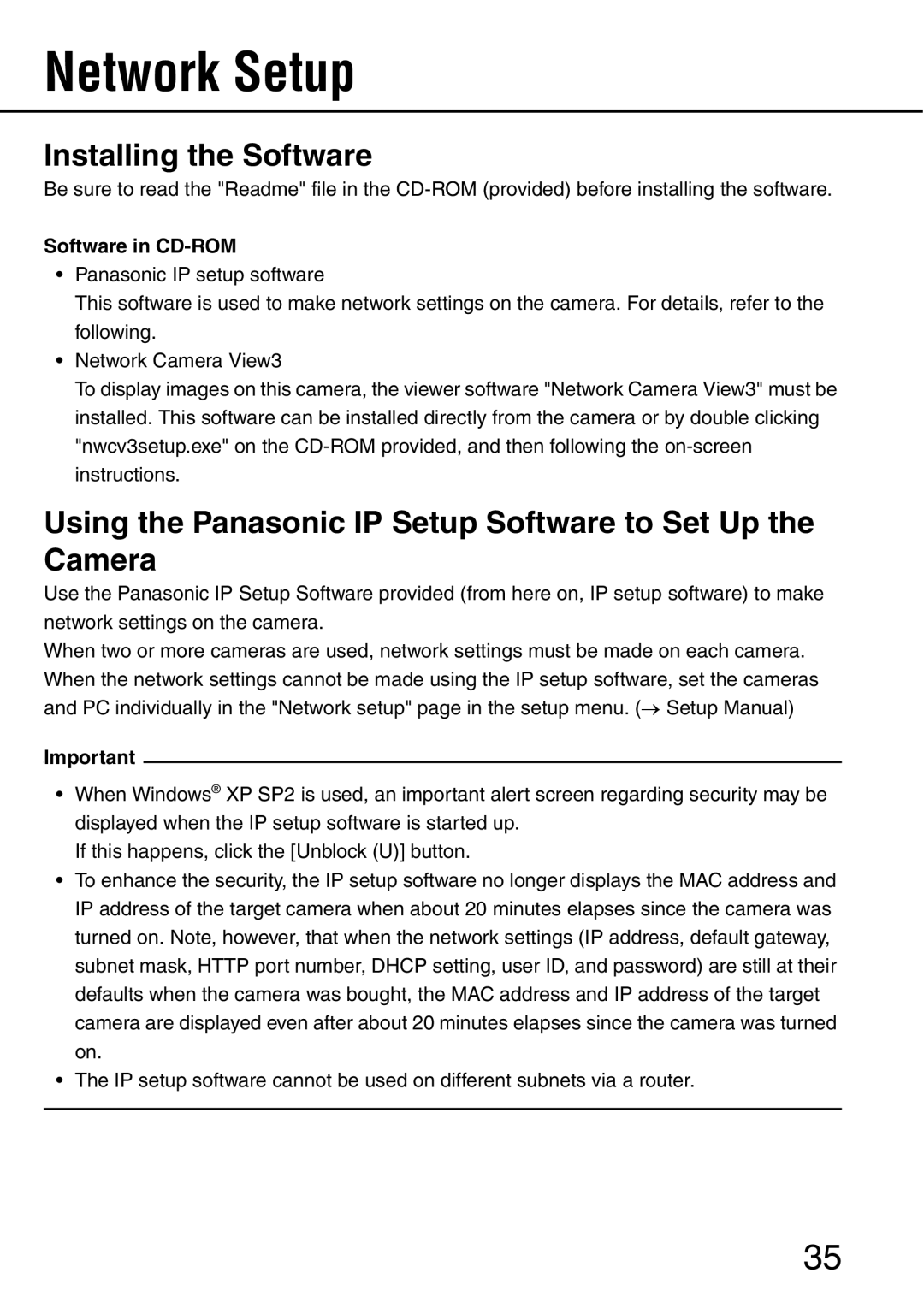 Panasonic WV-NW484S Network Setup, Installing the Software, Using the Panasonic IP Setup Software to Set Up the Camera 