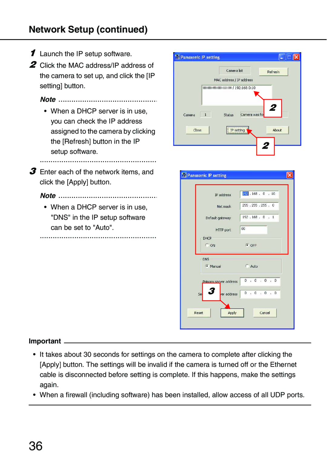 Panasonic WV-NW484S operating instructions Network Setup 