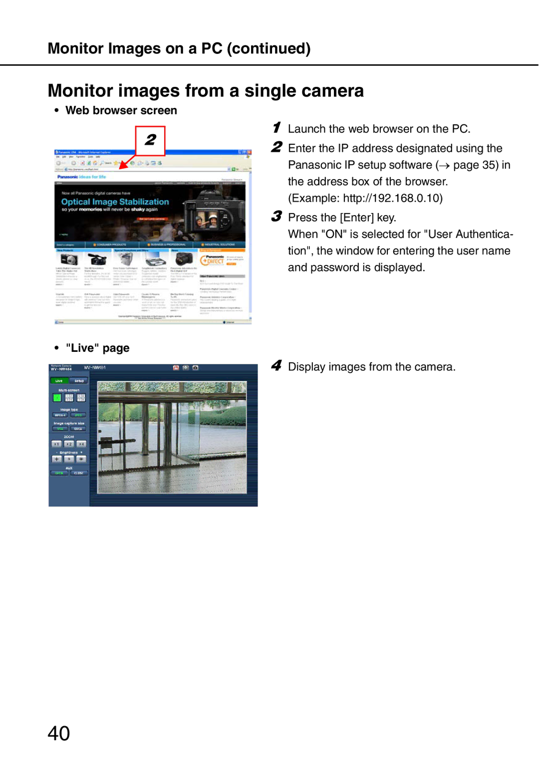 Panasonic WV-NW484S operating instructions Monitor images from a single camera, Web browser screen, Live 