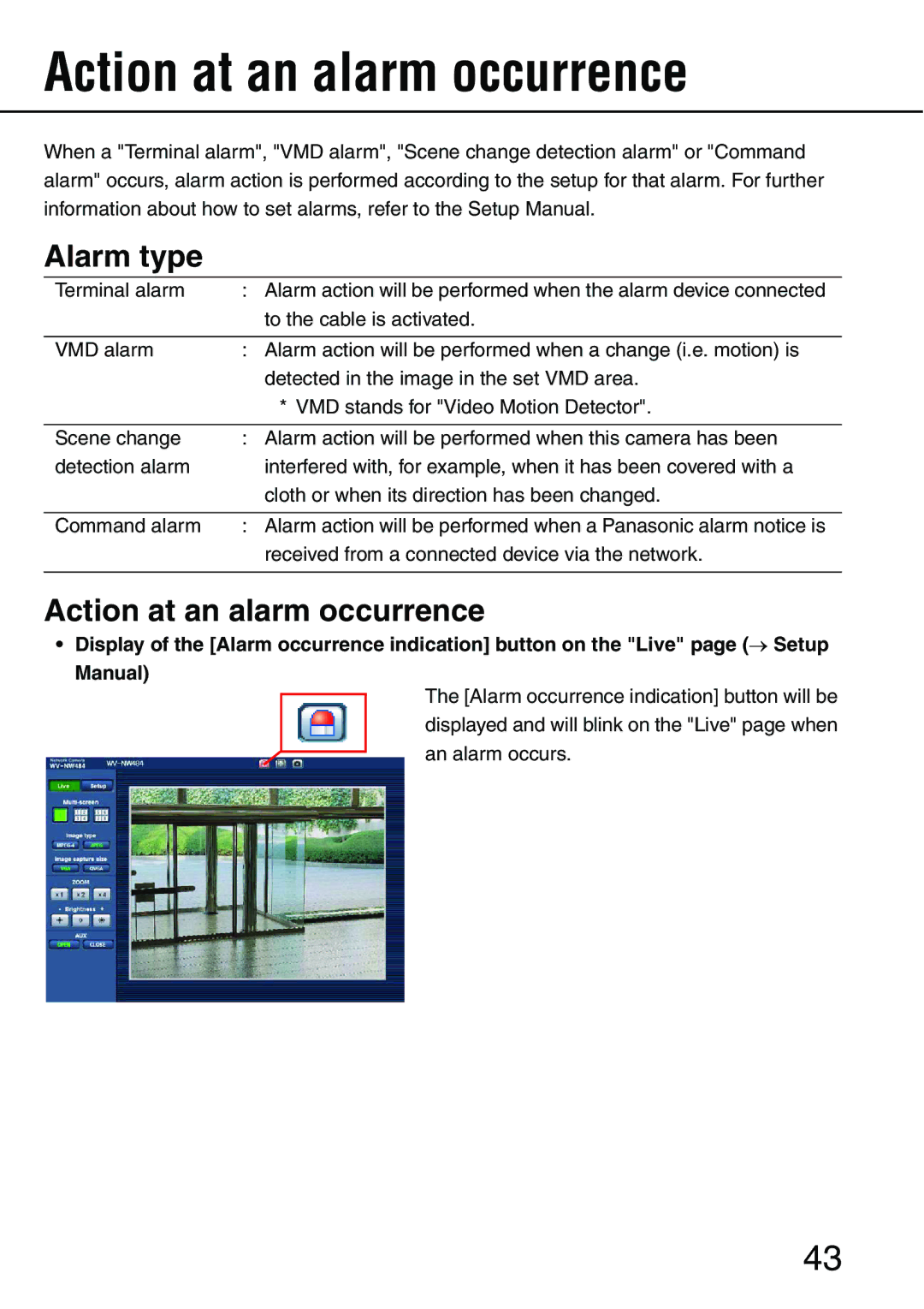 Panasonic WV-NW484S operating instructions Action at an alarm occurrence, Alarm type 