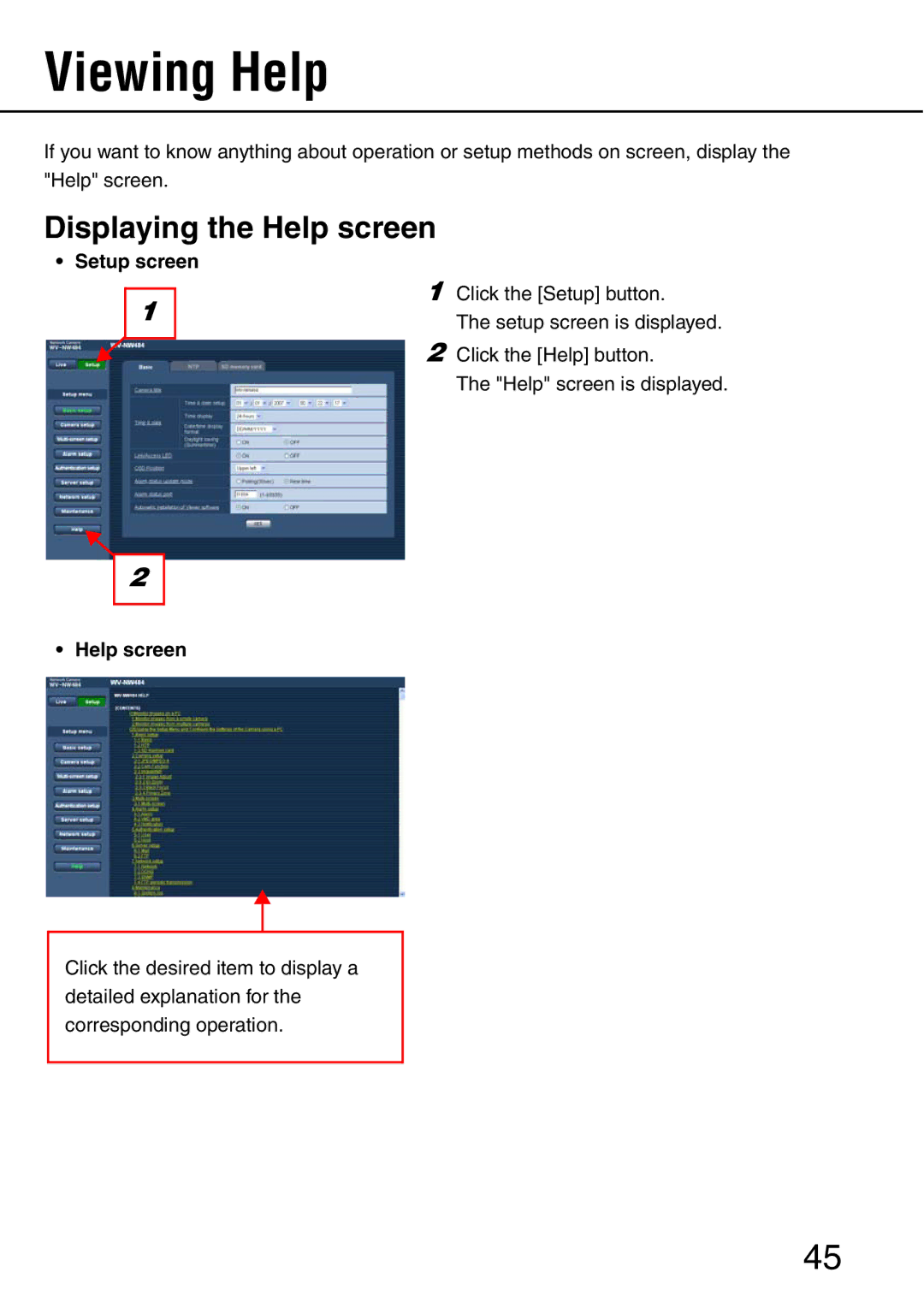 Panasonic WV-NW484S operating instructions Viewing Help, Displaying the Help screen, Setup screen 