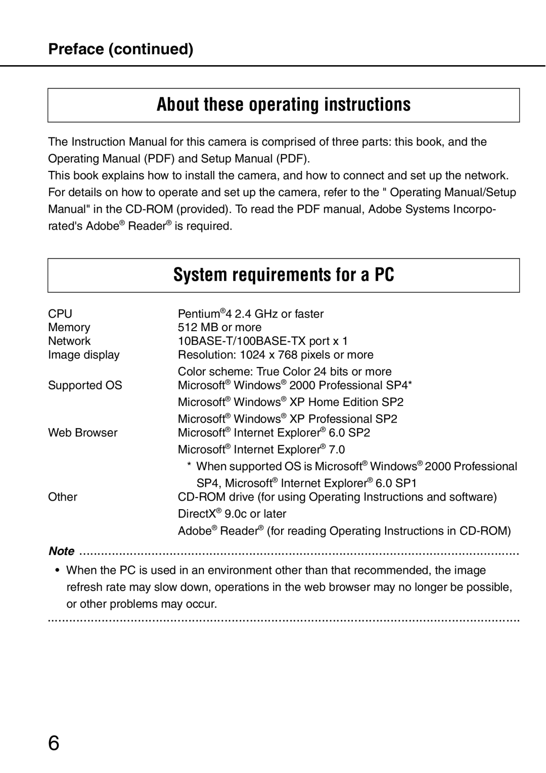 Panasonic WV-NW484S About these operating instructions, System requirements for a PC, Preface 