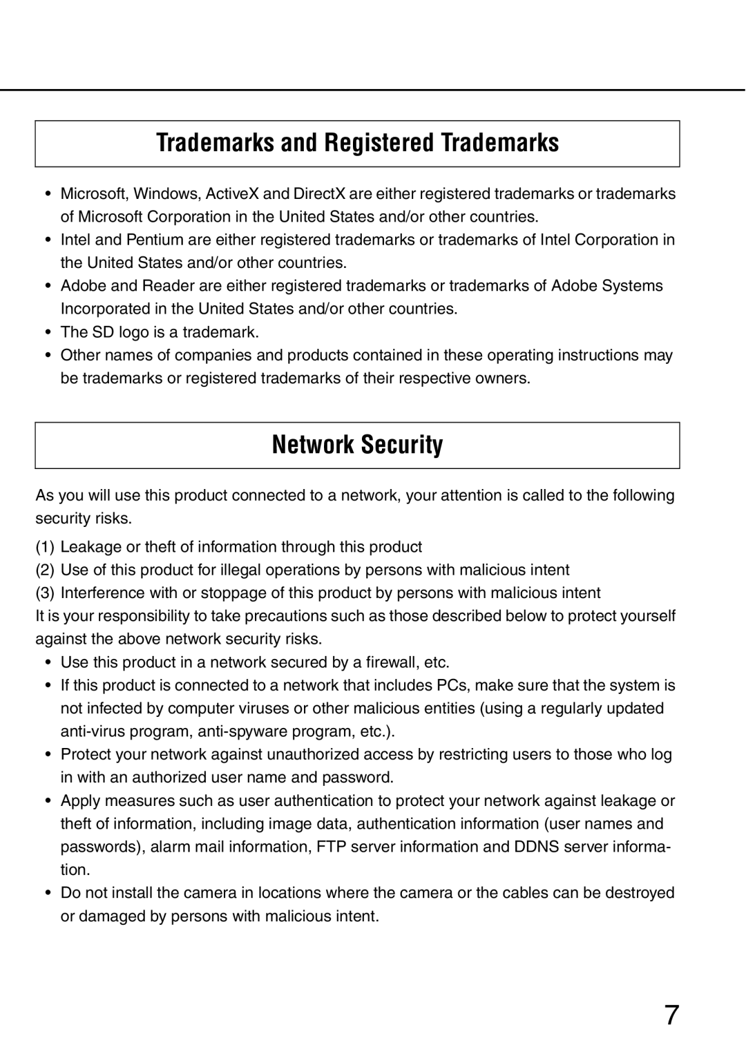 Panasonic WV-NW484S operating instructions Trademarks and Registered Trademarks, Network Security 