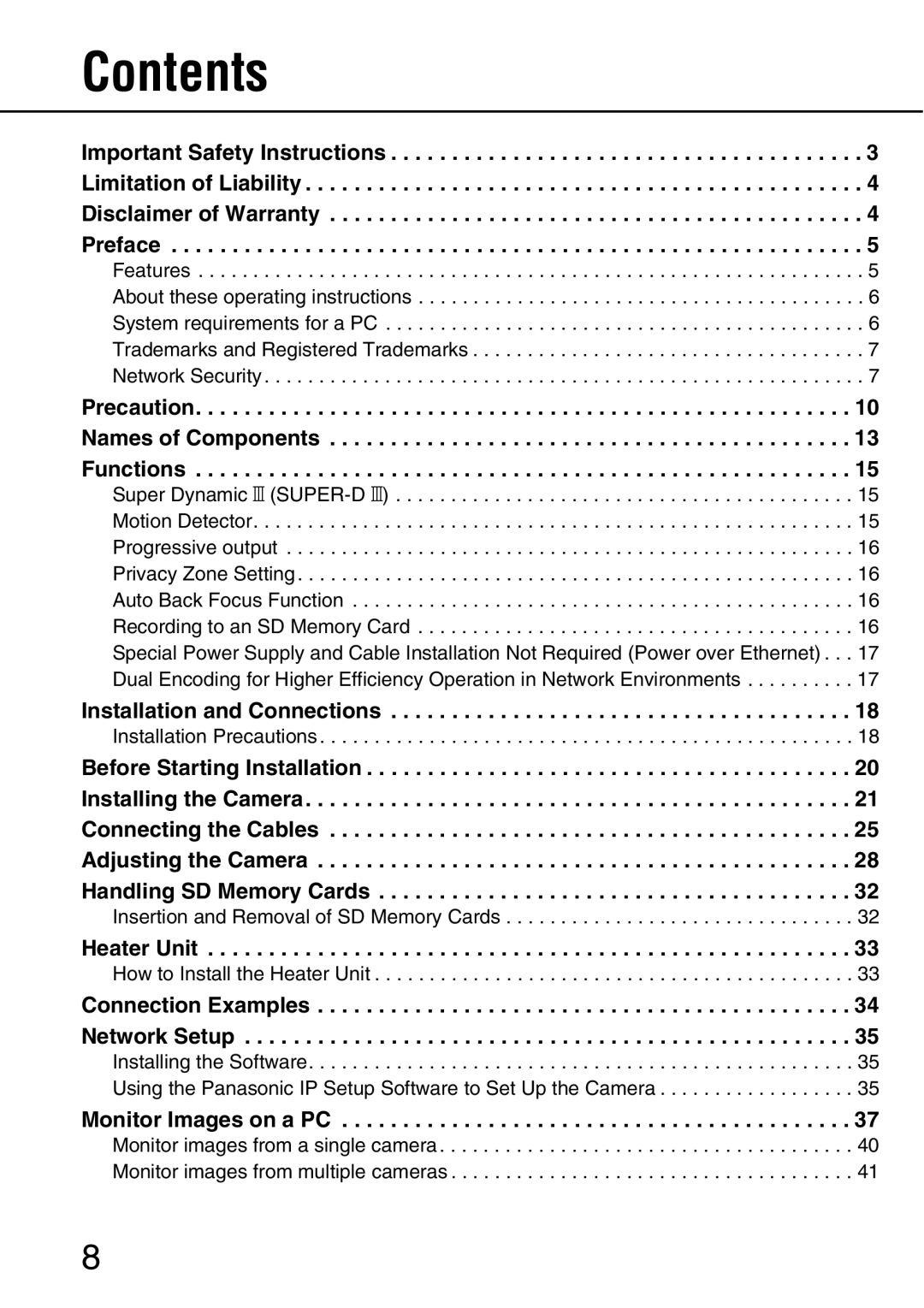 Panasonic WV-NW484S operating instructions Contents 