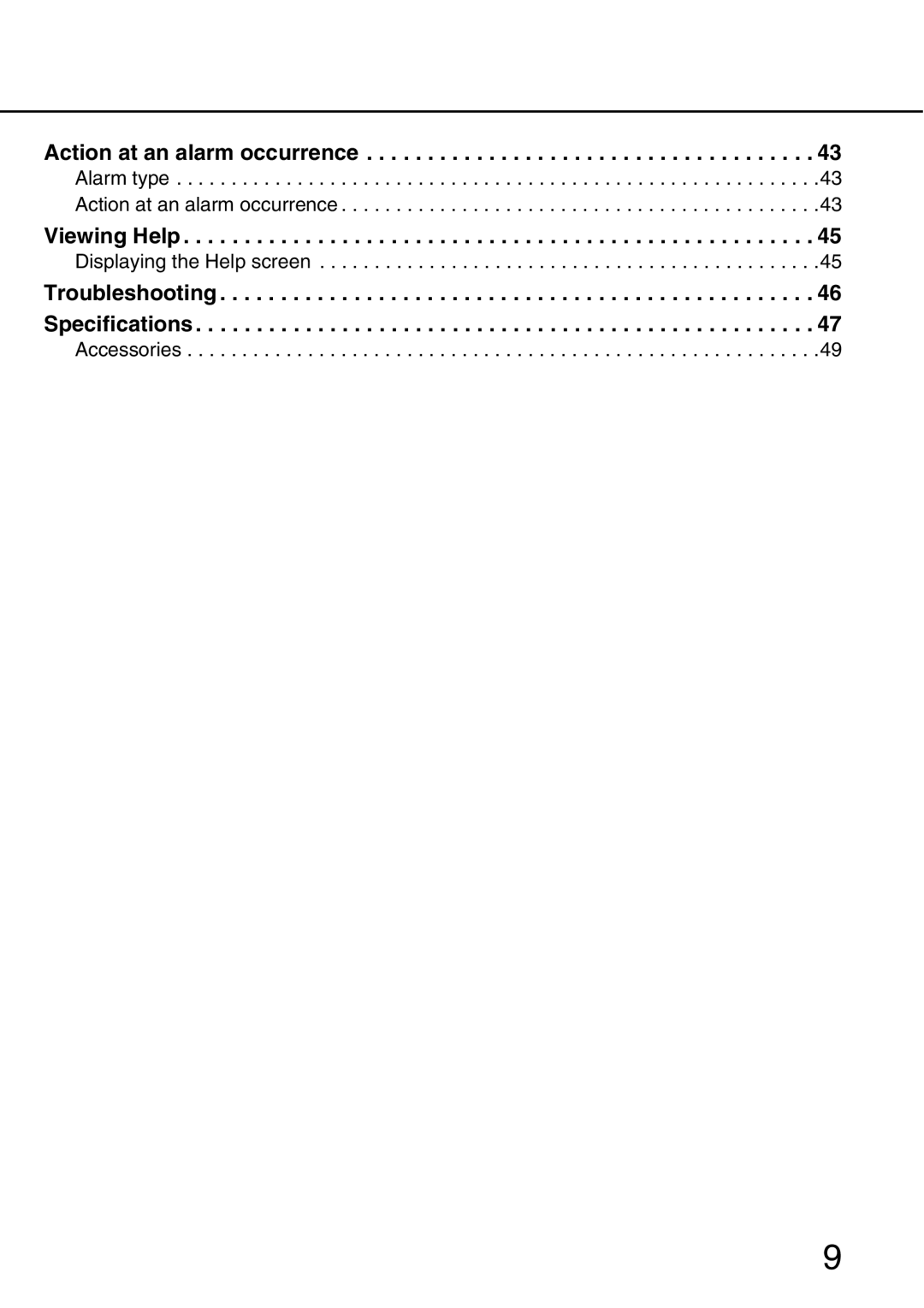 Panasonic WV-NW484S operating instructions Action at an alarm occurrence, Troubleshooting Specifications 