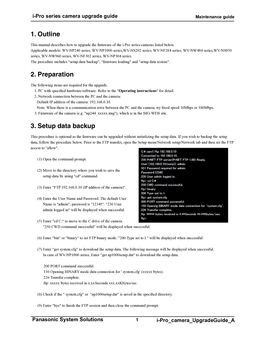 Panasonic WV-NW484, WV-NW960, WV-NS950, WV-NS202, WV-NP240, WV-NP1000, WV-NF302 manual Outline, Preparation, Setup data backup 