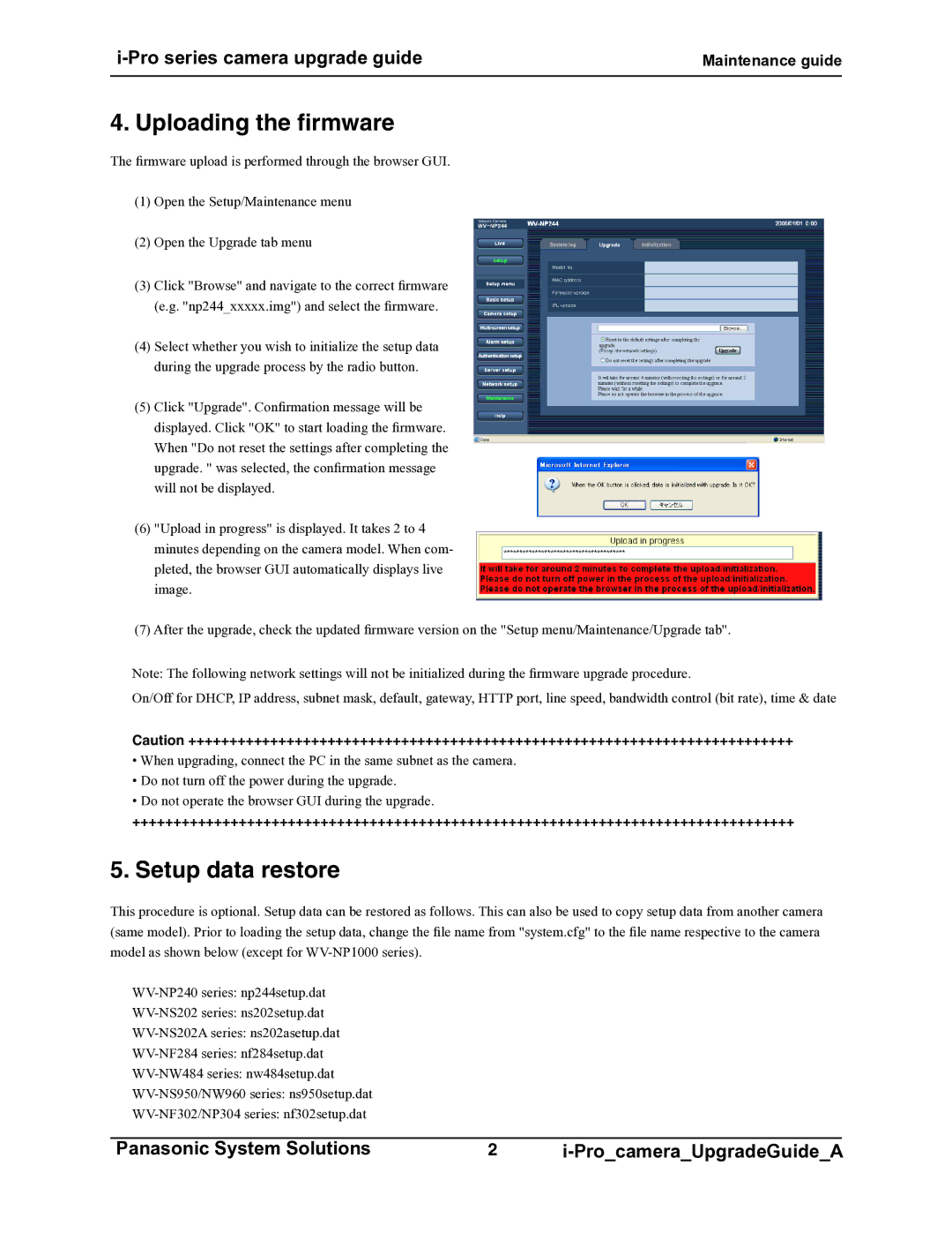 Panasonic WV-NS950, WV-NW960, WV-NW484, WV-NS202, WV-NP240, WV-NP1000, WV-NF302 manual Uploading the firmware, Setup data restore 