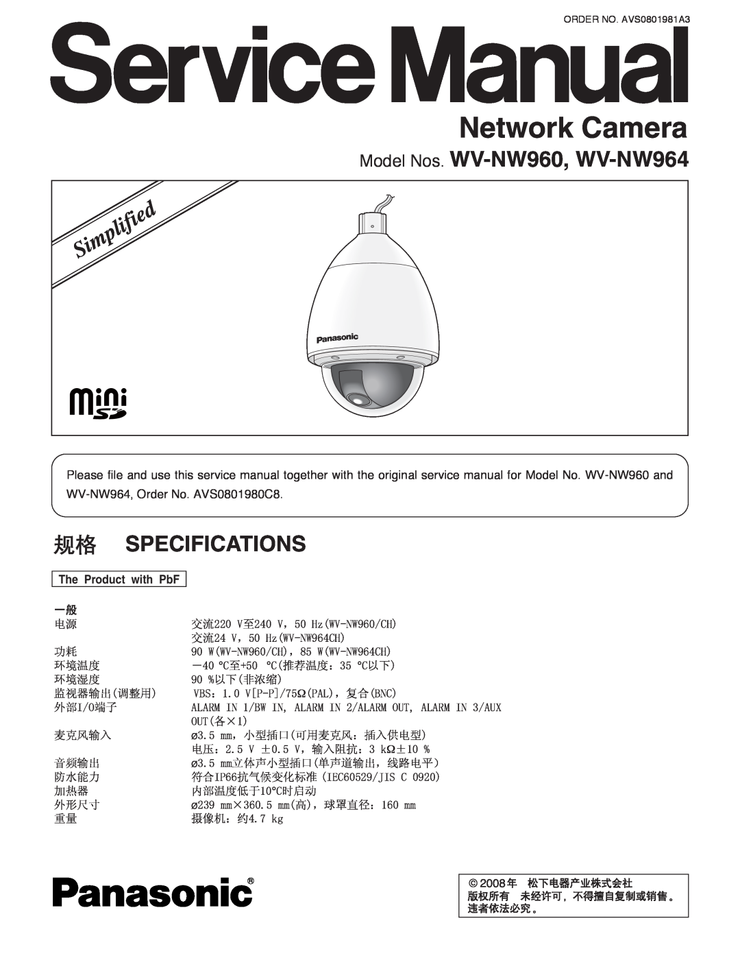 Panasonic specifications Model Nos. WV-NW960, WV-NW964, Specifications, The Product with PbF, Network Camera 