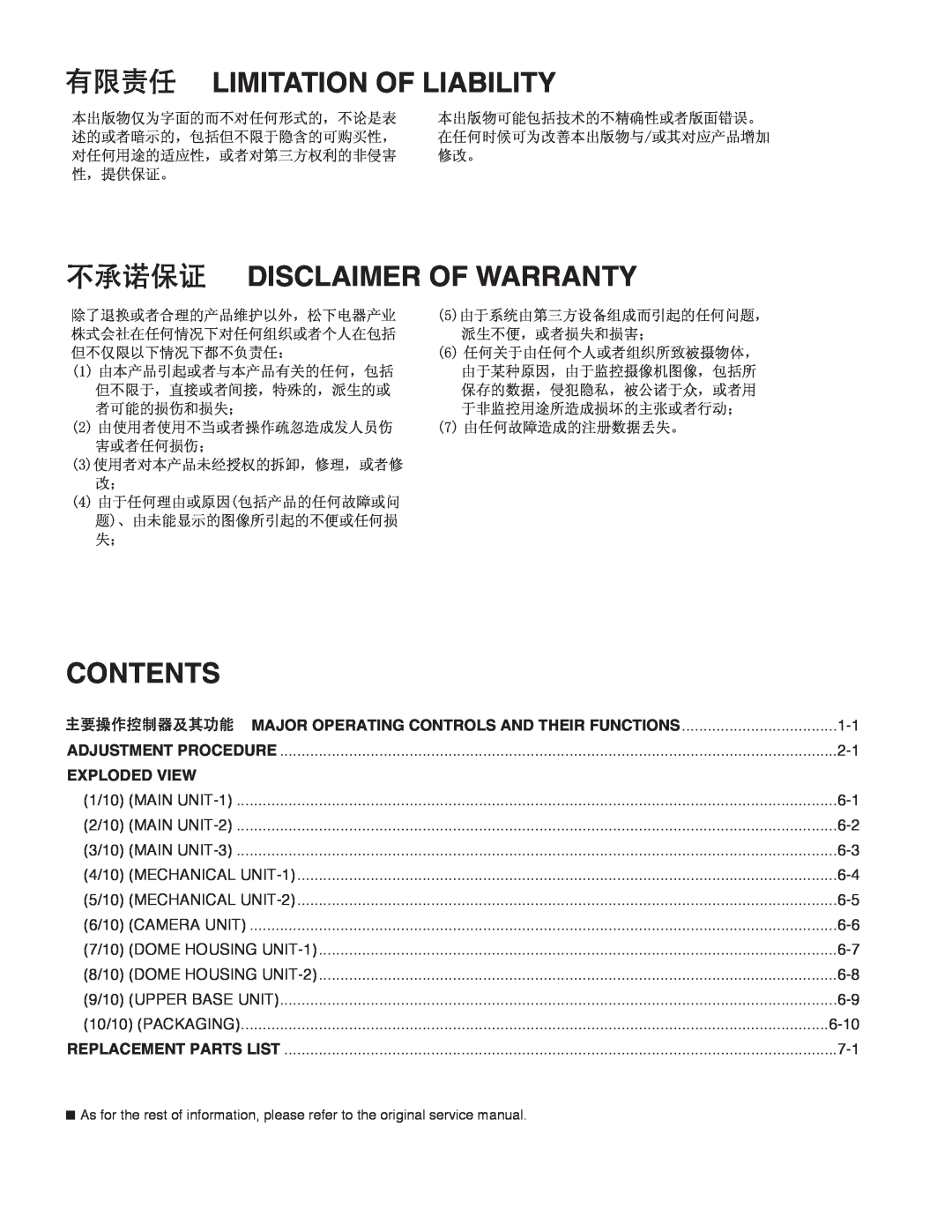 Panasonic WV-NW960 Limitation Of Liability, Disclaimer Of Warranty, Contents, Major Operating Controls And Their Functions 